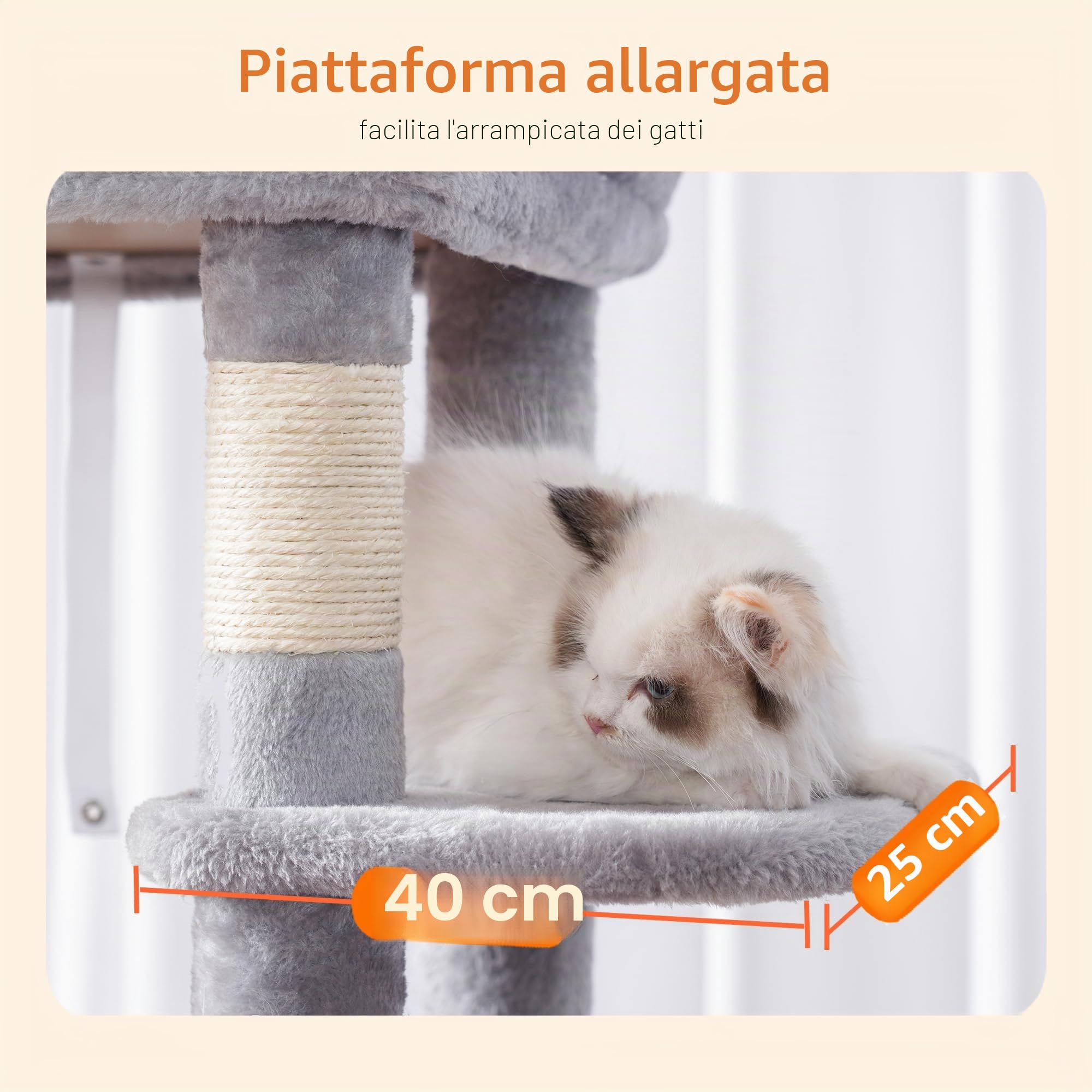 Heybly Albero per Gatti, Tiragraffi per Gatti da Interno 153 cm, Multilivelli con 1 Grotte, 1 Cestini, 7 Graffiatoi, Trespolo, Amaca, Pompon, Grigio Chiaro HCT050W
