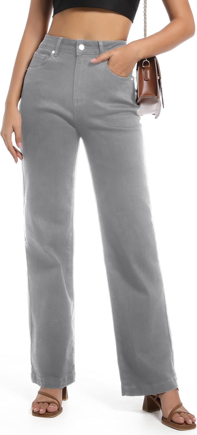 Guaile Women’s Jeans High Waisted Straight Leg Stretchy Jeans Trendy Wide Leg Tummy Control Loose Casual Denim Pants