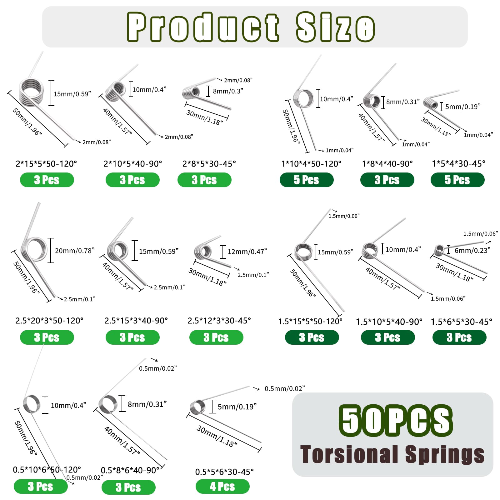 50Pcs Torsional Springs Assortment Kit 15 Sizes 304 Stainless Steel,45/90/120 Degree for Home Repairs & DIY Springs Assortment — Amazon image 2