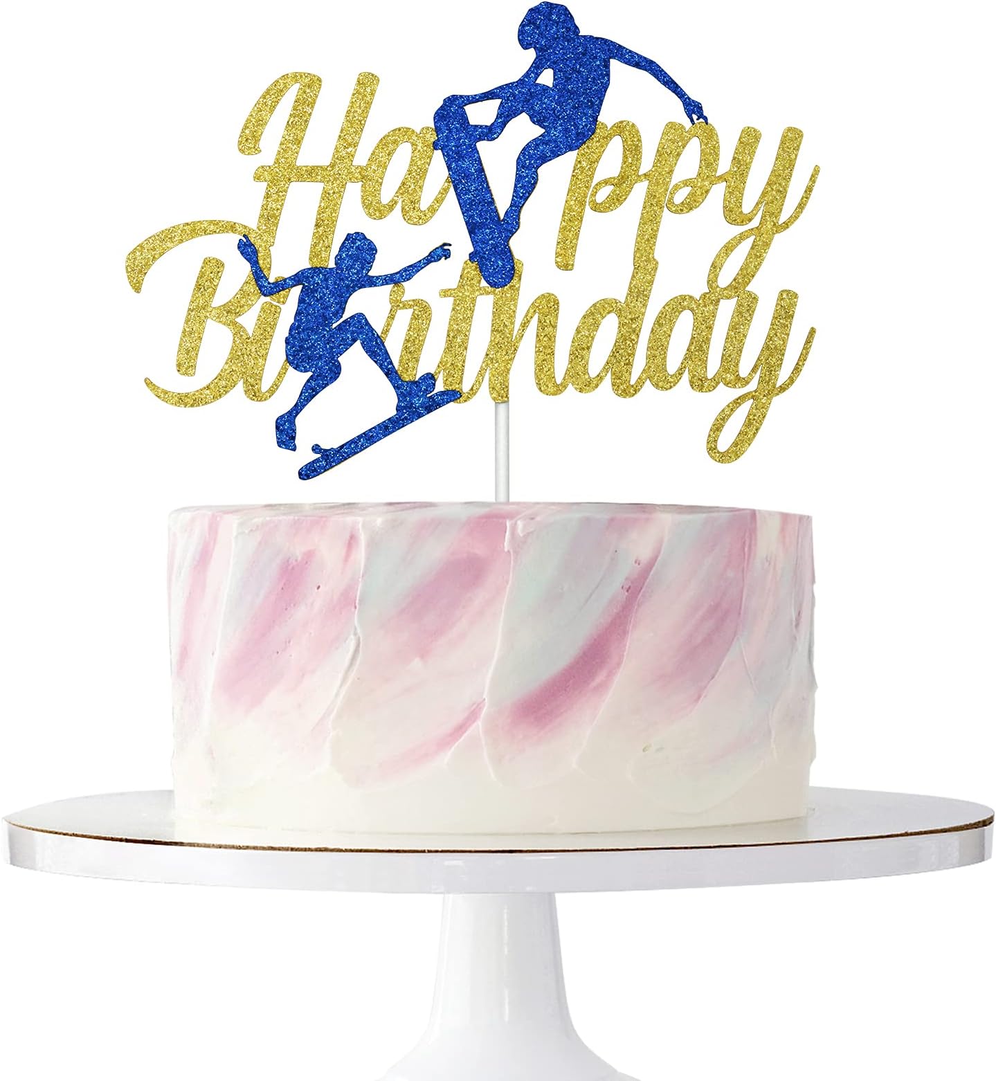 Skateboard Happy Birthday Cake Topper, Extreme Skateboarding Sports Bday Party Decorations Supplies, 90s Themed Kids Boys Girls Dessert Sign , Double-sided Gold Glitter