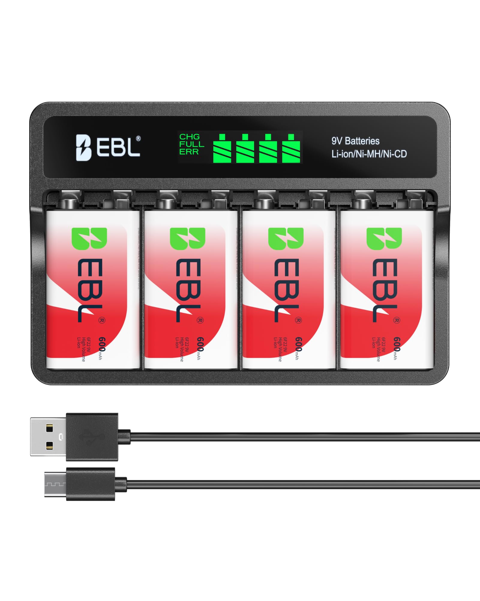 EBL 9V Li-ion Rechargeable Batteries 600mAh 4-Pack with LCD 9V Smart Battery Charger for 9 Volt Lithium-ion/Ni-MH/Ni-CD Rechargeable Batteries
