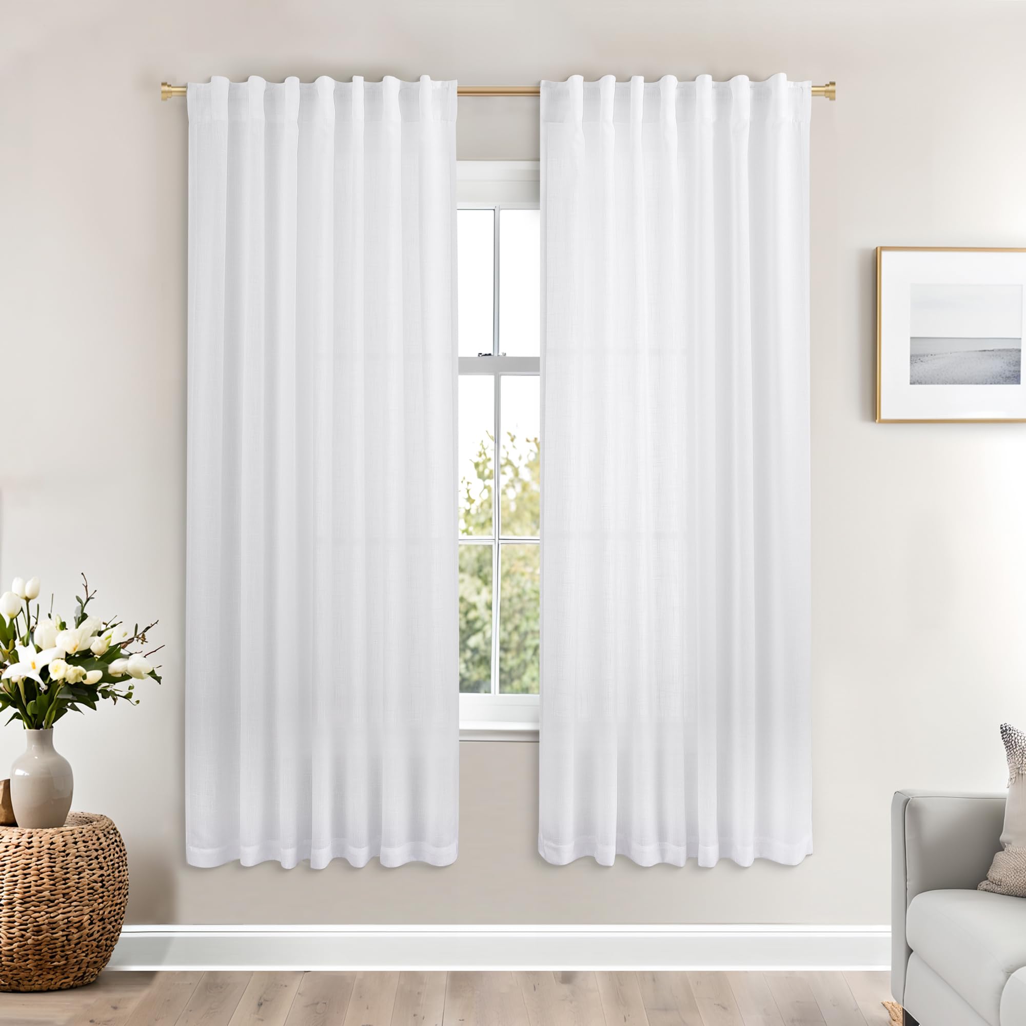 Pure White Curtains Panels 63 Inch Length for Back Tab Semi Sheer, Linen Textured Drapes Rod Pocket 2 Panels Set,White Boho Farmhouse Cotton Textured