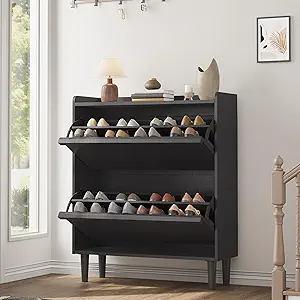 GarveeHome Shoe Cabinet with 2 Flip Drawers, Wooden Shoe Organizer Cabinet with Adjustable Shelf, Shoe Storage for Entryway, Hidden Shoe Cabinet for Hallway, Living Room, Black