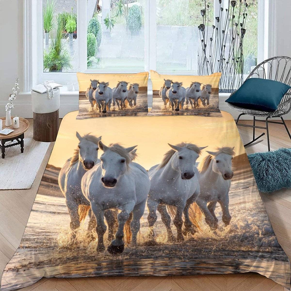 RFFLUX 3D Horse Double Bedding Duvet Cover Set 3 Pieces 200x200 Ultra Soft Microfiber Sunset Horse Comforter Cover with Zipper Easy Care Quilt Cover with 2 Pillowcase for Room Decor — image 1