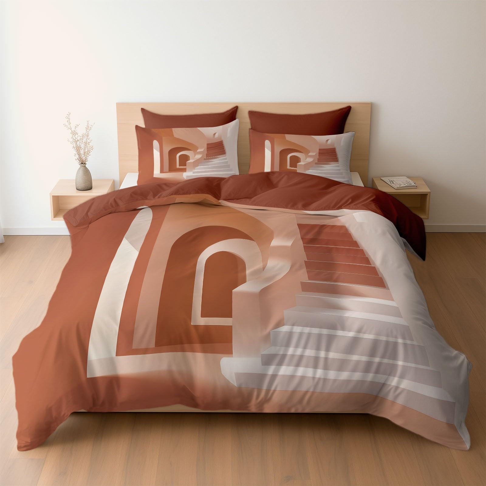 Housse de couette 140x200 géométrie moderne rouge brique avec taie parure de lit 1 personne
