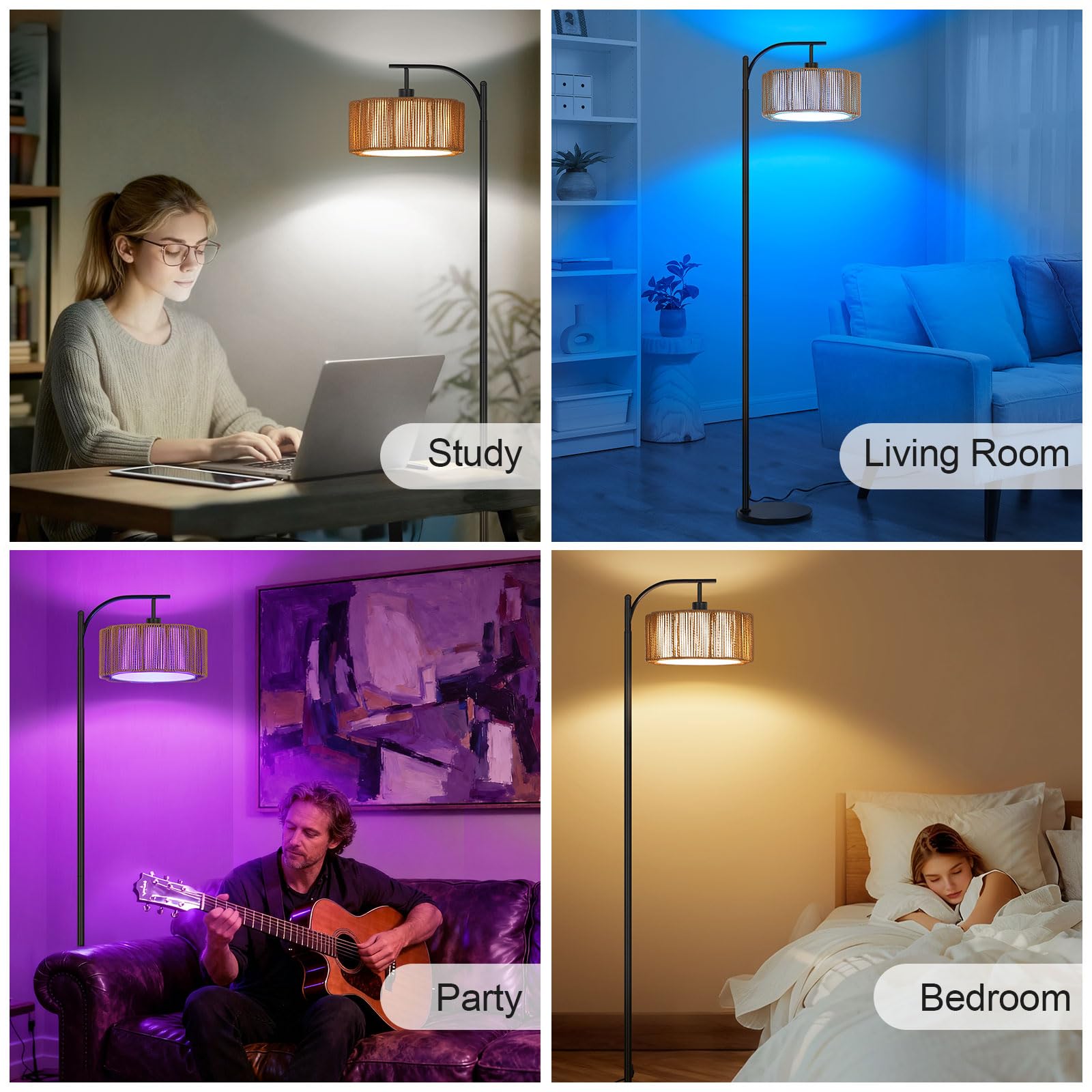 Lámpara de Pie RGB Regulable con APP y Mando a Distancia, Lámpara de Pie Inteligente Ratán Boho con Temporizador, Modo Música y DIY, Bombilla E27 Incluida, para Salón Dormitorio Oficina