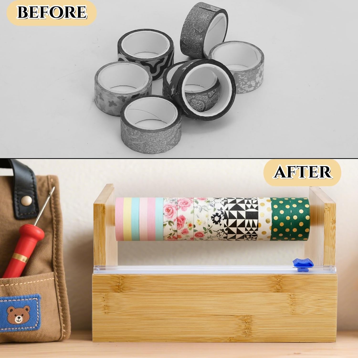 ZAVOOS Wood Masking Tape Dispenser, Multi Roll Washi Tape Cutter Holder with 1 Inch Core for Gift Wrapping, Desktop Craft Tapes Storage Organizer for Office, Home, School