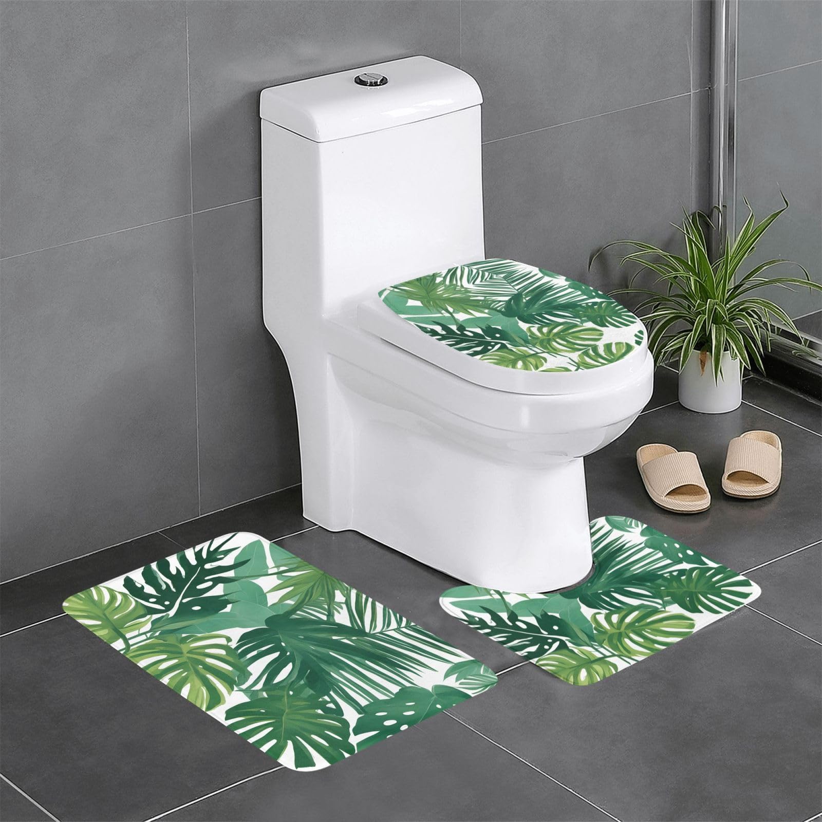 Tapis de salle de bain antidérapant lot de 3 imprimé tropical pour toilettes et lavabo