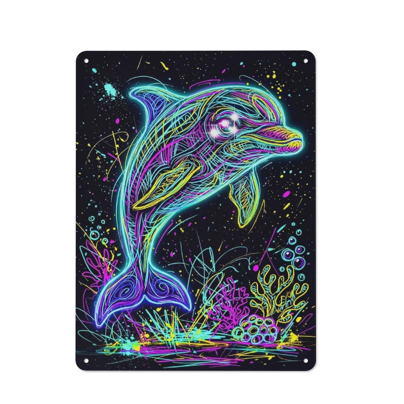 Retro Tin Sign 40x30cm Featuring Vibrant Neon Dolphin Graffiti for Workshop Wall, Gift for Makers And DIY Enthusiasts during The Christmas Season