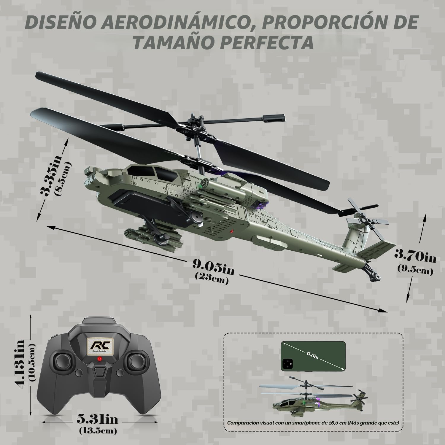 VATOS Helicóptero teledirigido 2.4G con 2 baterías y luz LED con despegue con un solo botón, serie militar de juguetes helicóptero RC para niños o principiantes de edades comprendidas entre 14 y más
