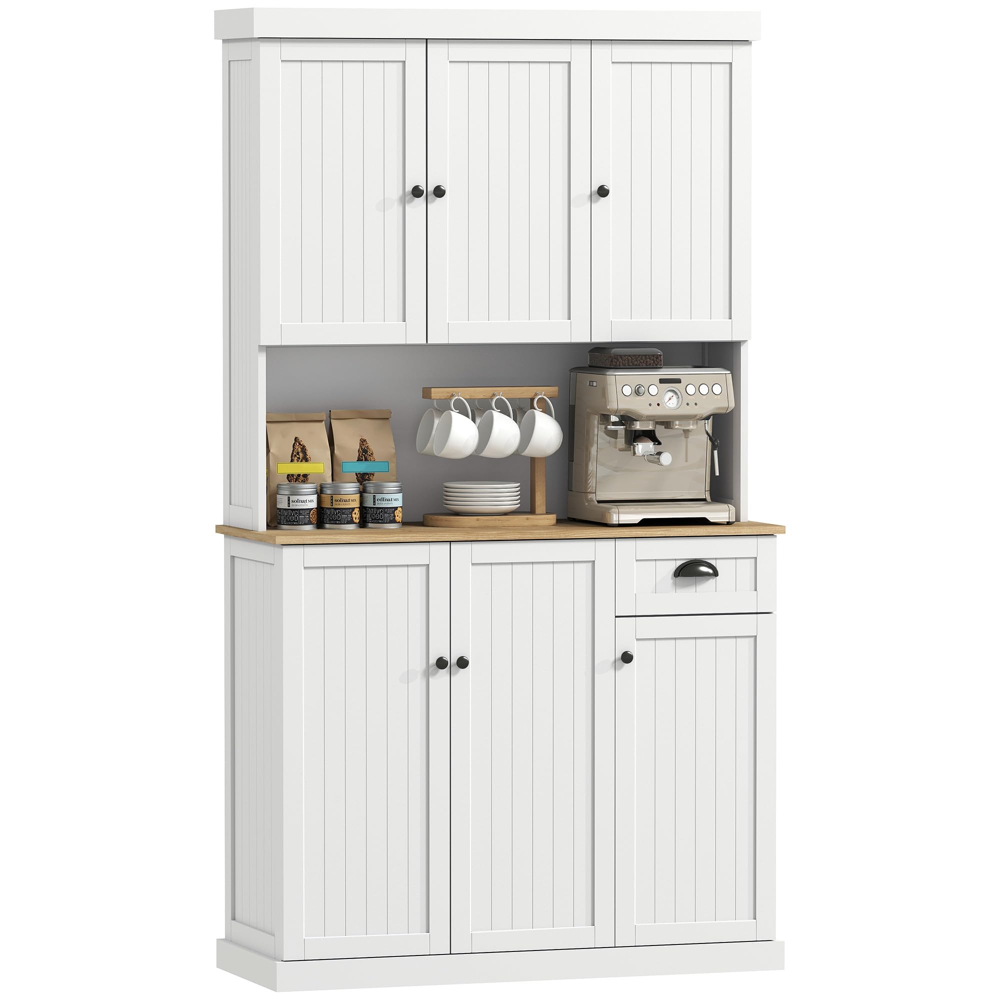 HOMCOM Credenza Cucina Alta con Armadietti, Cassetto e Piano Portamicroonde, Mobile Dispensa Stretto con Ante e Ripiani Regolabili, per Soggiorno, Sala da Pranzo, 101x39x180cm, Bianco