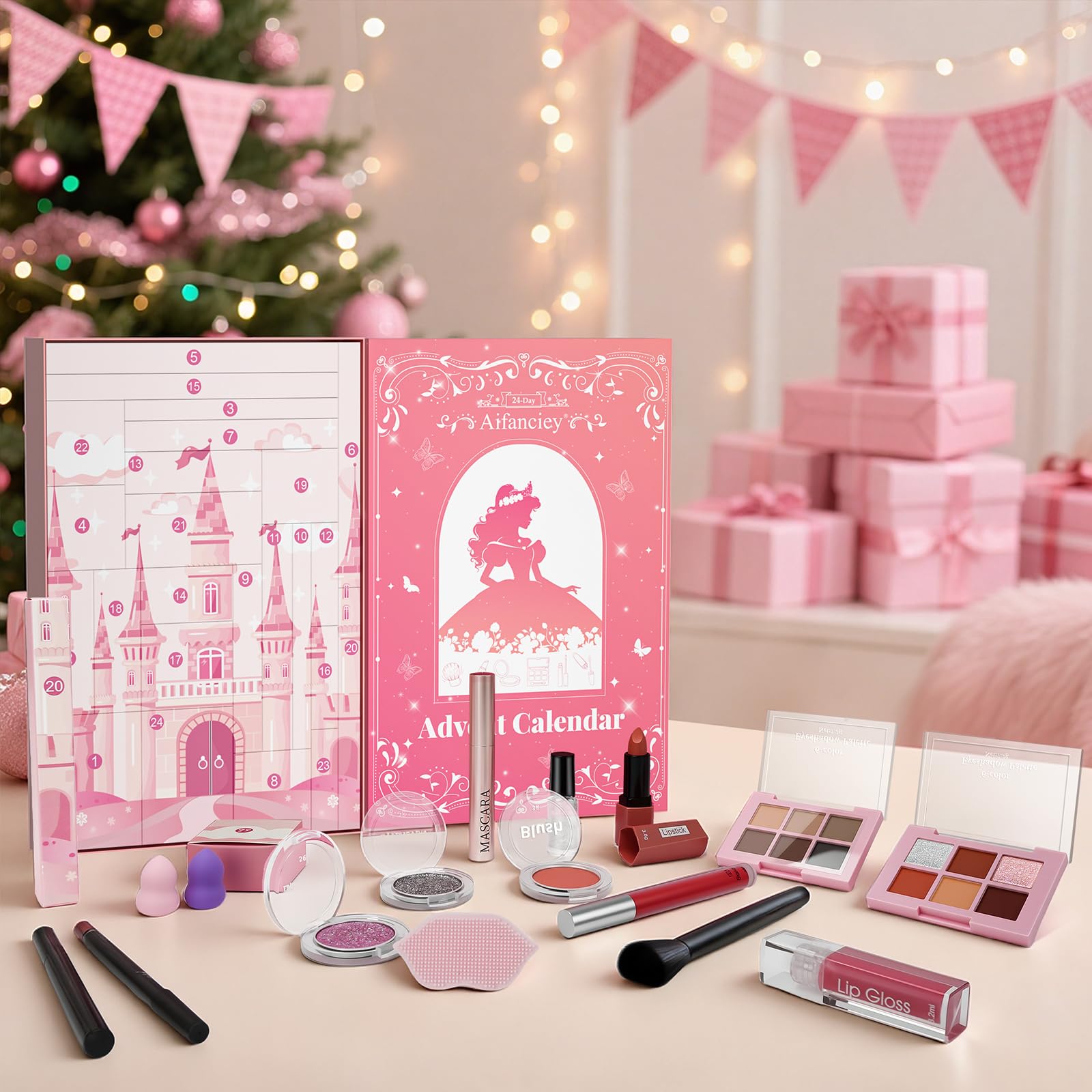 Calendrier de L'avent Maquillage 2025 pour Fille, 24 Beauté Coffret Cosmétique de Noël avec Gloss, Blush, Pinceaux et Mascara, Sûr pour la Peau, Doux et Non Irritant, Cadeau pour Une Princesse