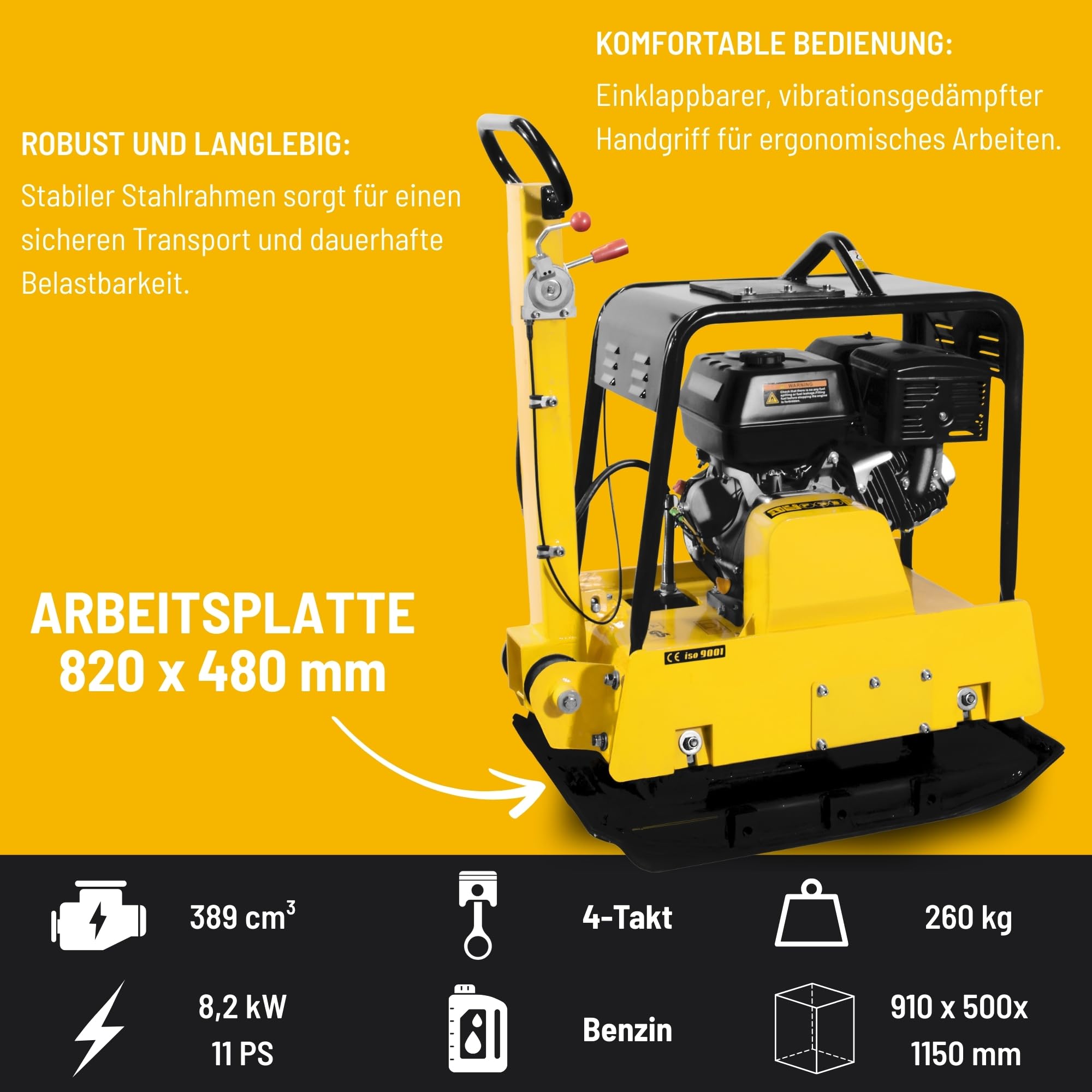Güde Rüttelplatte GRP 260 (4-Takt-Motor, 389 cm³ Hubraum, 8,2/11 (kW/PS), 22 m/min Laufgeschwindigkeit, 38 kN max. Verdichtungsdruck, 90 cm Verdichtungstiefe, inkl. Polyurethanmatte und Fahrwerk)