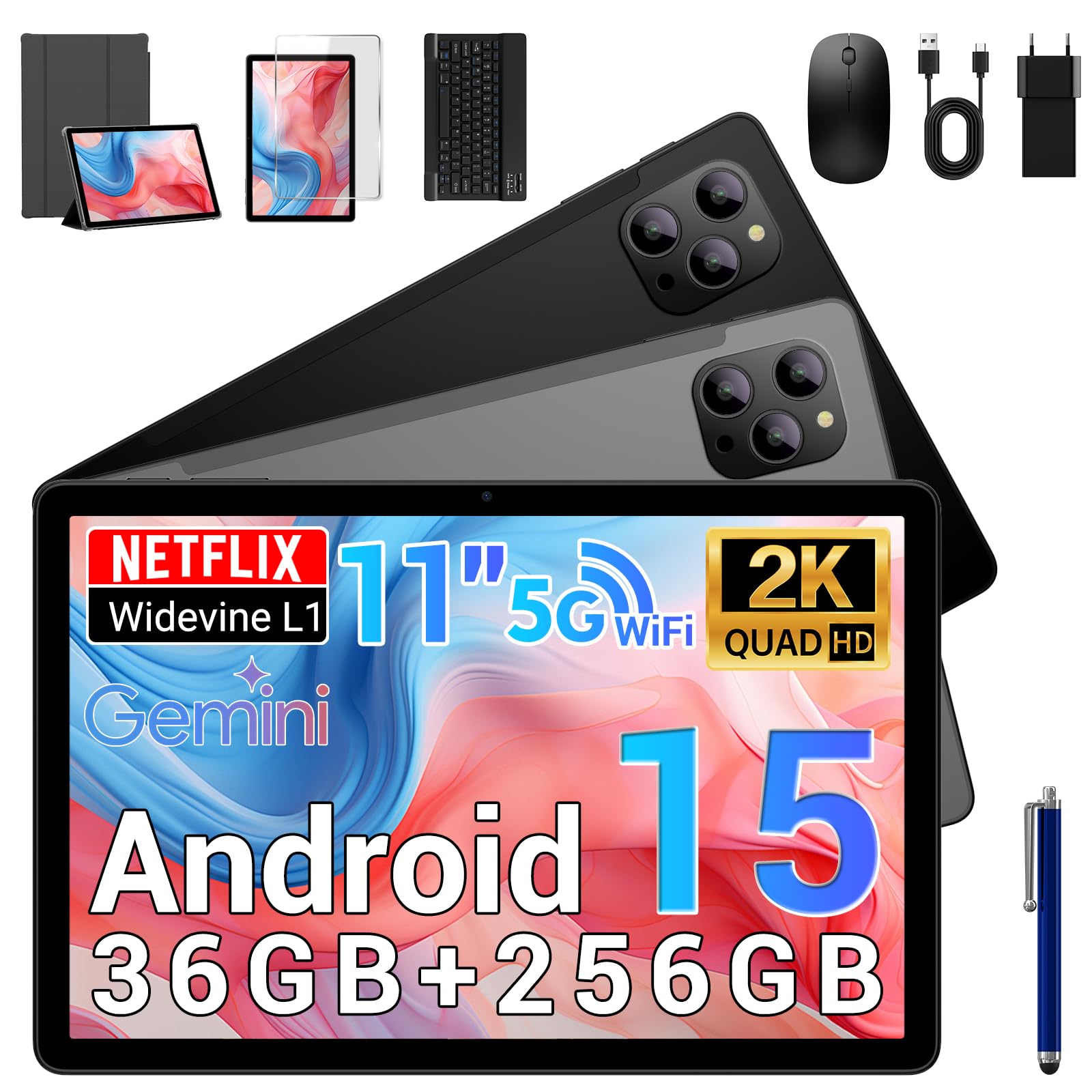 BEYNIVAN Tablet Android 15-11 Pollici Tablet in Offerta con Octa Core T615,36GB RAM + 256GB ROM (2TB TF), 5G WiFi,Gemini AI,Widevine L1,8000mAh,18W,Foto AI 16MP+8MP, TÜV, GPS,con Tastiera+Mouse,Grigio