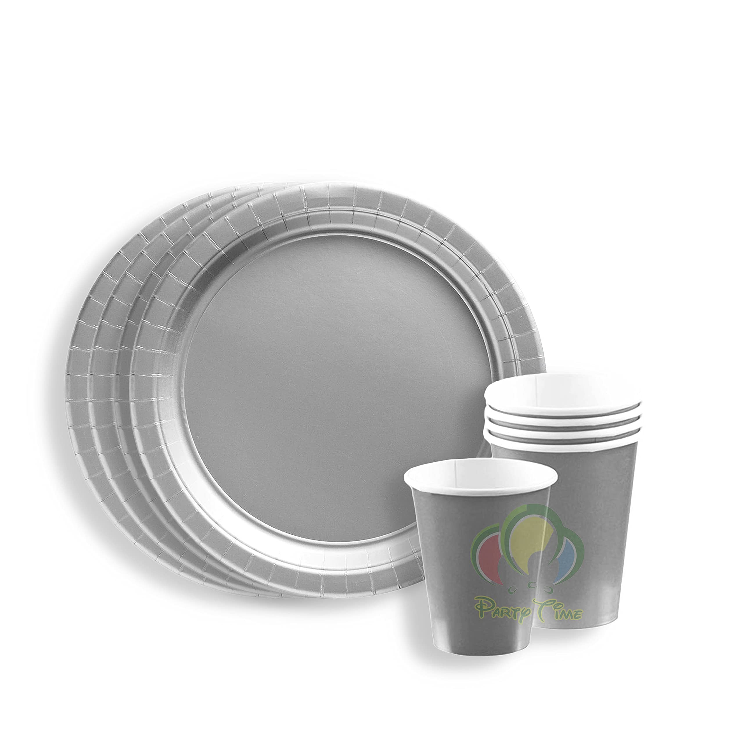 PARTY TIME12 Pieces Party Supplies Tableware Set Includes 6-9" Paper Dinner Plates 6-9 Oz Cups for Plain Color Theme Disposable Dinnerware Birthday Parties (Silver)