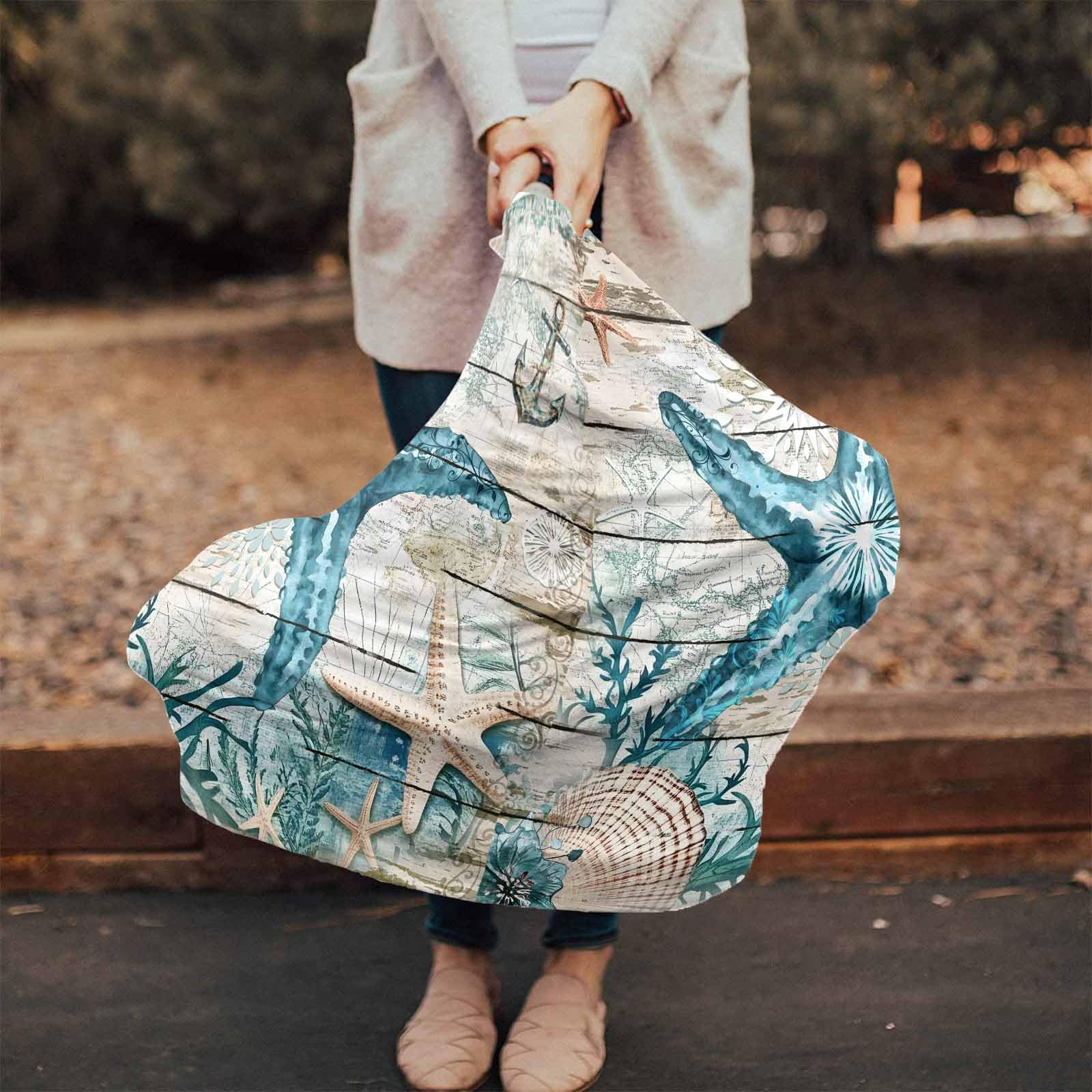 Teal Starfish Nautical Nursing Cover for Breastfeeding Scarf, Summer Ocean Retro Beige Wood Grain Baby Car Covers Super Soft Multi Use for Canopy Shopping Cart Cover Blanket Stroller Cover
