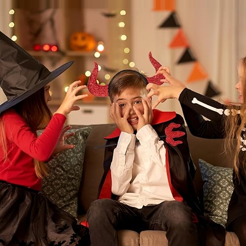 Miniatura 5 de Hi.FANCY Juego de 4 diademas de cuernos de ángel y diablo, varita mágica, banda para el cabello de ángel diablo rojo, juego de tocados de resorte