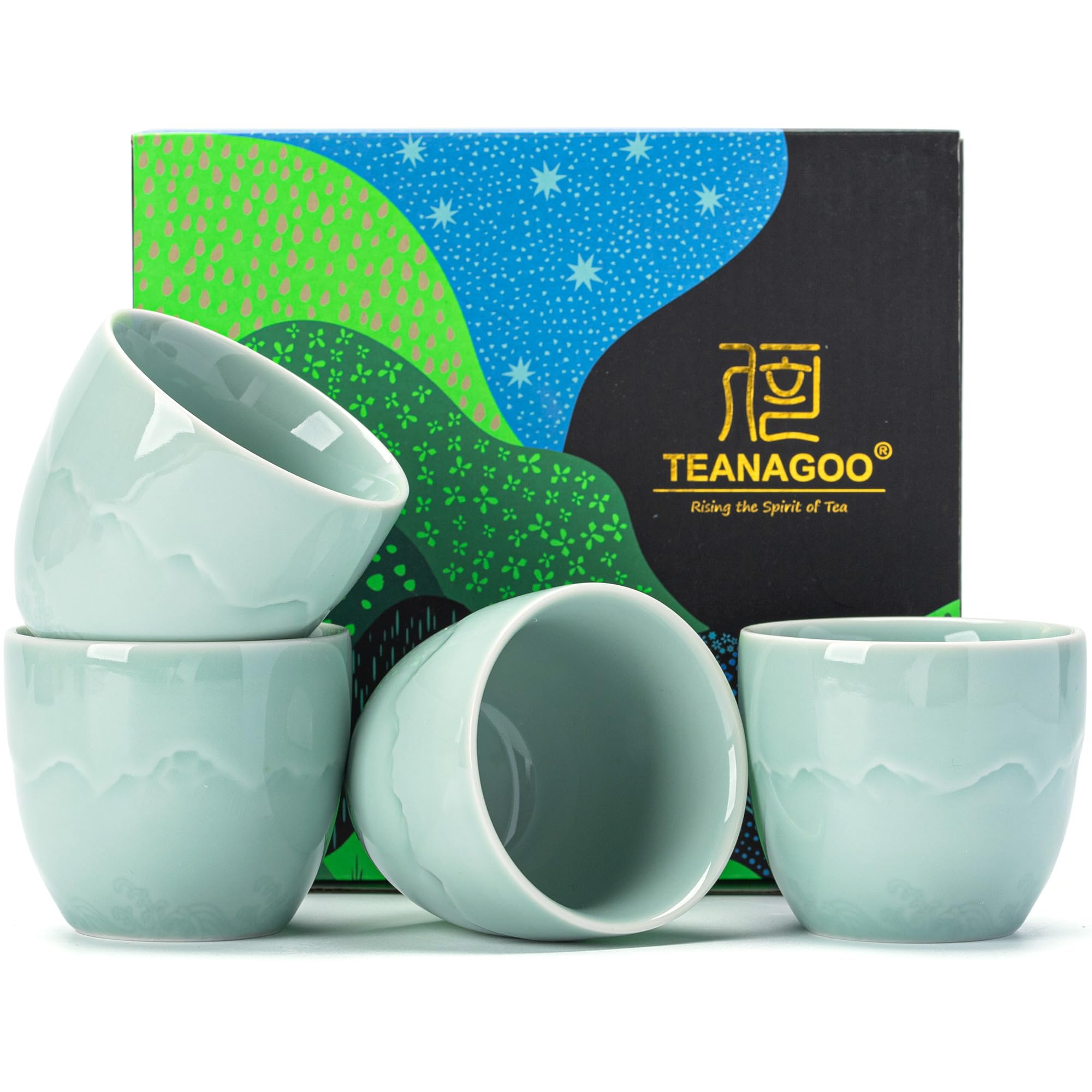 TEANAGOO Ceramic Japanese Tea Cups Set of 4pcs, 5.4oz/160ml Elegant Ceramic Matcha Cups with Flat Base, Celedon Blue Handleless Coffee Mugs, Microwave &amp; Dishwasher Safe, Beautiful Gift Box