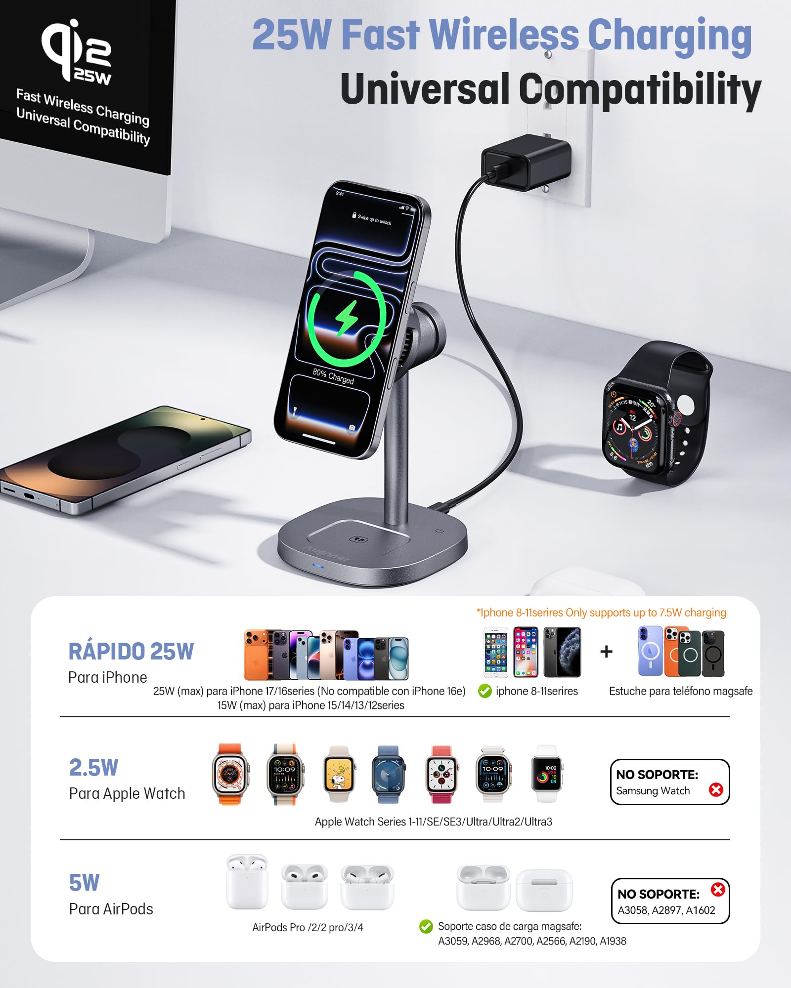 Cargador Inalámbrica magnético Qi2.2 25W, Estación de Carga Plegable 3 en 1 para iPhone 17/16/15/14/13/12, Wireless Charger Rápido Soporte para Apple Watch Ultra 3/11/10/9/8/7/6, para AirPods