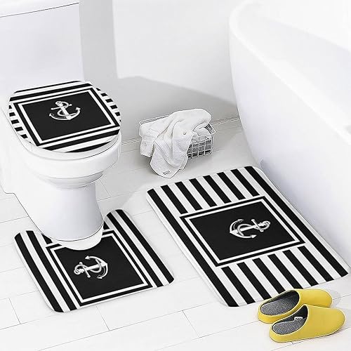 Miniatura 4 de 4Pcs Shower Curtain Sets, Black White Striped Nautical Anchor Boat Bathroom Sets with Non-Slip Bath Rugs, Toilet Lid Cover & U Shape Mat, Waterproof