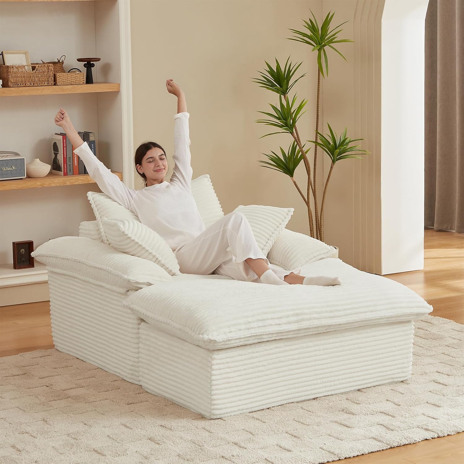 52"W Oversized Chaise Lounge Chair Indoor, Corduroy Boneless Couch Cloud Sofa with Ottoman, Boneless Reading Sofa Chair, Deep Seat Comfy Couch for Living Room, Bedroom, No Assembly Required(White)