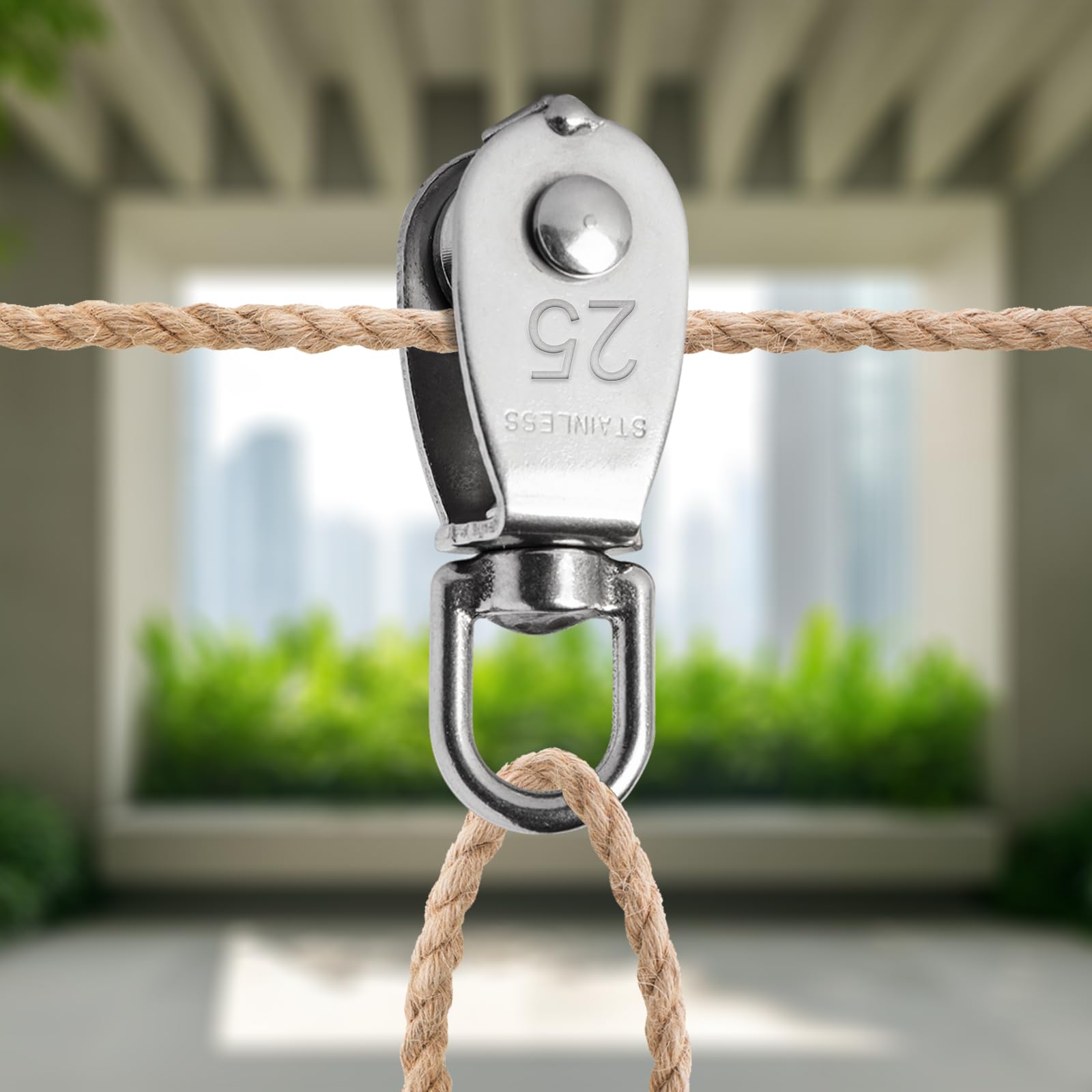 Polea de acero inoxidable 304 resistente, polea de grúa con gancho giratorio para levantar remolque colgante, rueda de polea de cuerda de alambre de grado industrial (M25, 12)