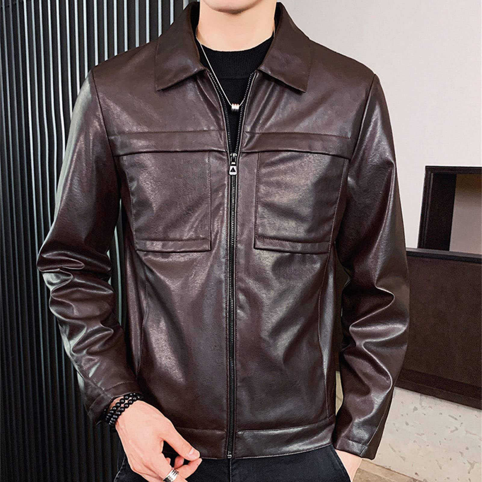 Maiyifu-GJ Men Lapel Faux Leather Motorcycle Jacket Vintage Zip Up Slim Fit Biker Coat Lightweight Classic PU Leather Jacket (Brown,Medium)