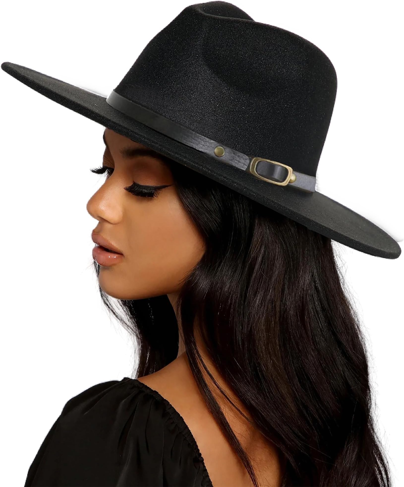 UTOWO Classic Black-Felt-Fedora-Hats-for-Women, Wide-Brim-Wool-Rancher-Panama Jazz Hat with Belt-Buckle(Size:7 1/8~7 1/4)