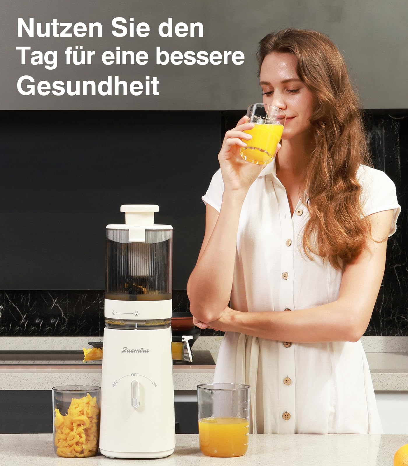 Zasmira Slow Juicer 120 mm Breiter Einfüllschacht Hohe Saftausbeute Gemüse Obst Weiß