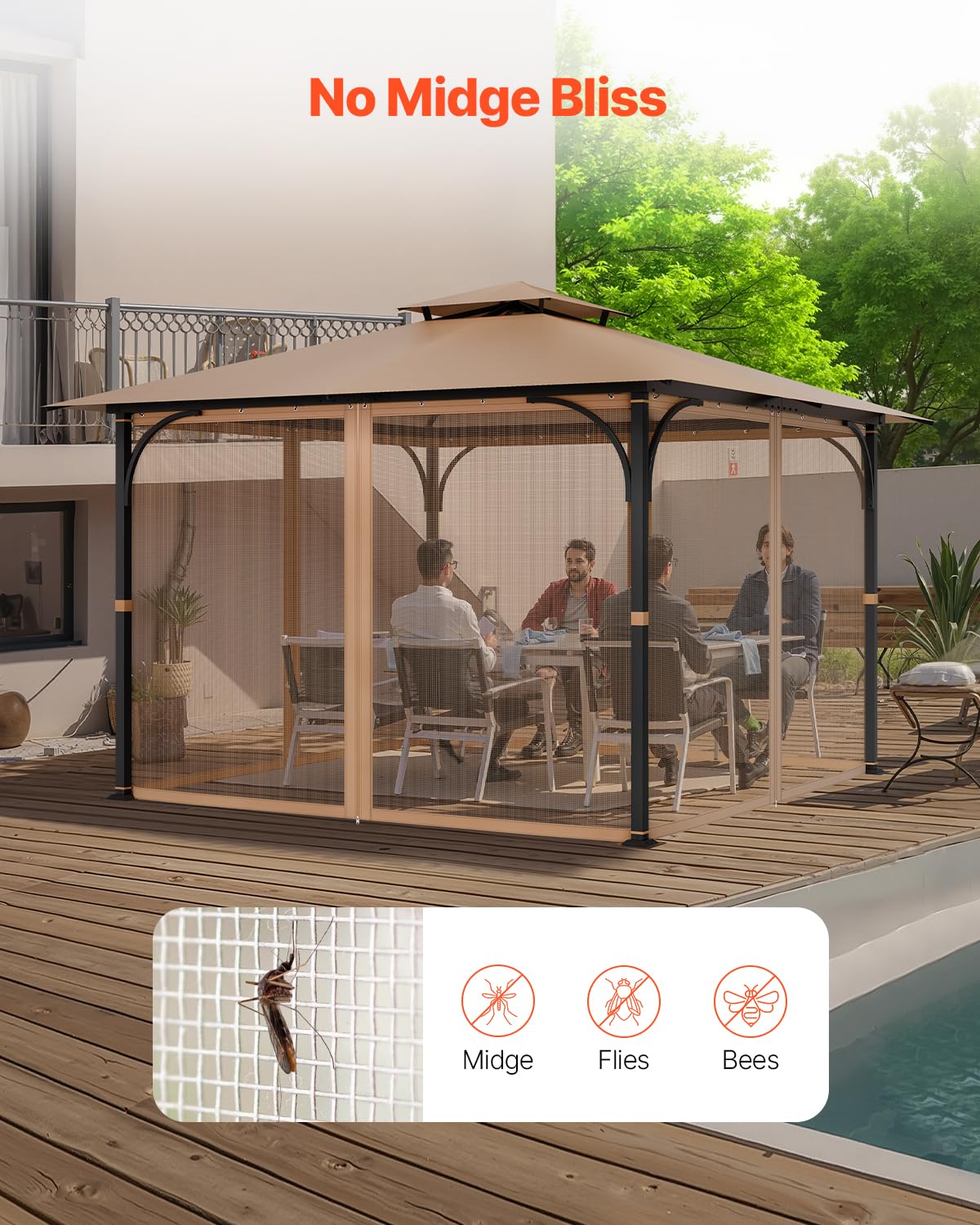 VEVOR Rete di Ricambio per Gazebo, Adatta per Gazebo da 304,8 x 304,8 x 213,4 cm Rete Anti-Moscerini per Patio, Tenda per Esterni a 4 Pannelli, con Doppia Cerniera, Schermo per Baldacchino, Solo Rete