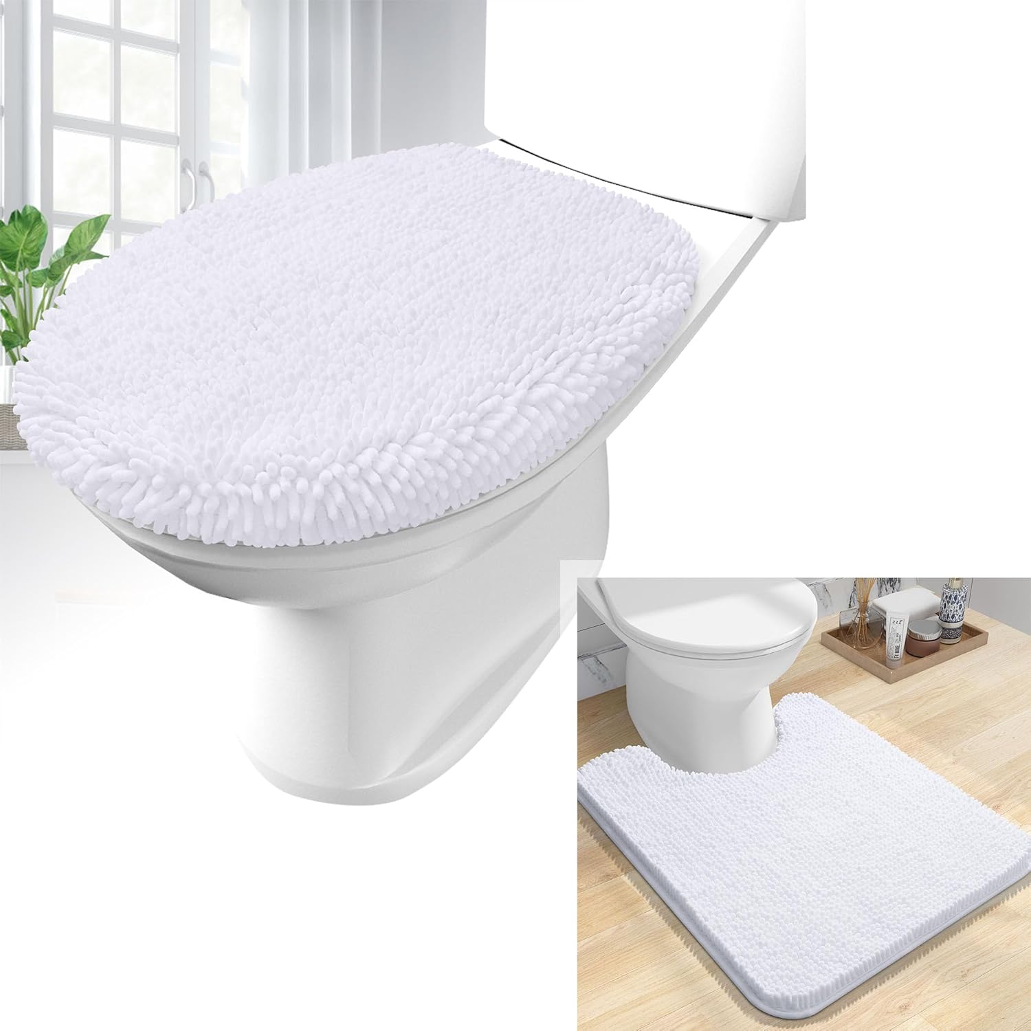 OLANLY Chenille Toilet Rugs U-Shaped and Bathroom Toilet Lid Cover, Bath Rug Size 24x20 and Bathroom Toilet Lid Cover Size 17.5x15 in White, 2 Item Bundle