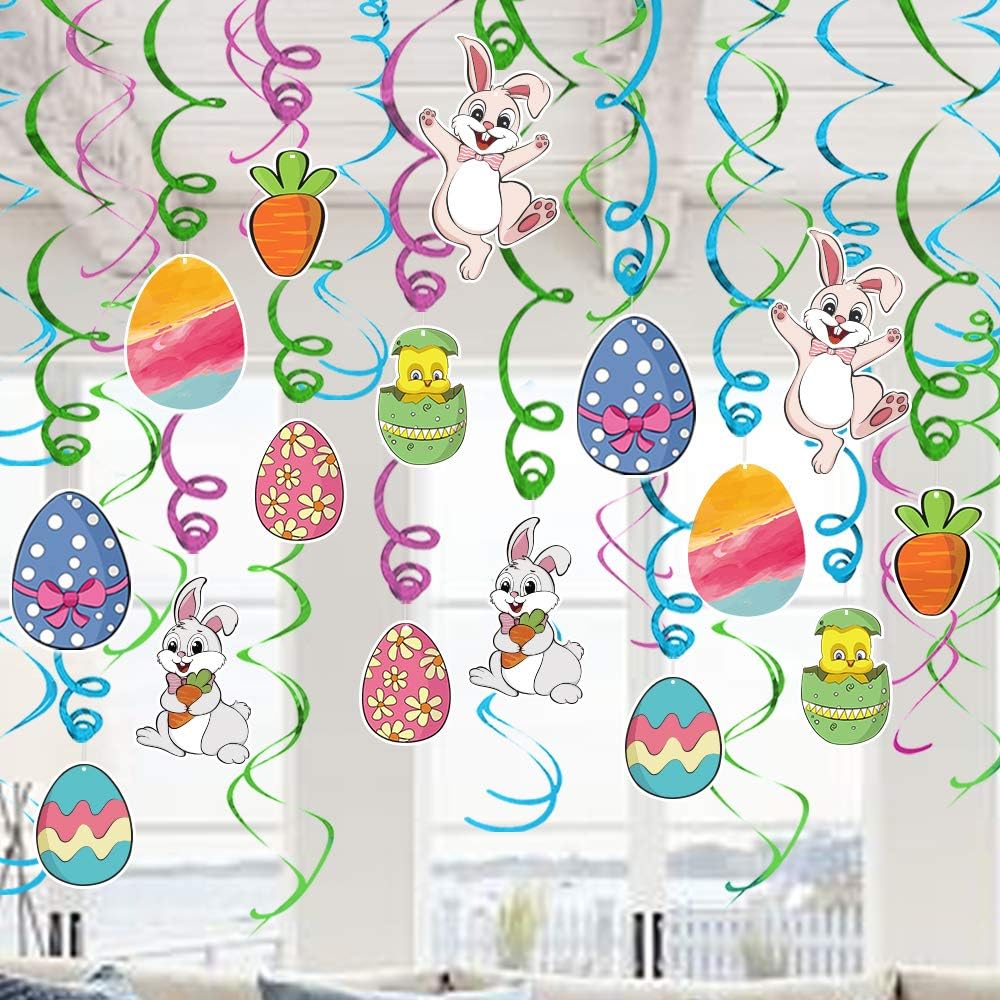 Ivenf Easter Decorations Hanging Swirls 30 pcs, Cute Bunny Eggs Chick Carrot Party Decor for Kids School Office Indoor Easter Party Supplies Gifts, Hanging Spring Decorations for Home