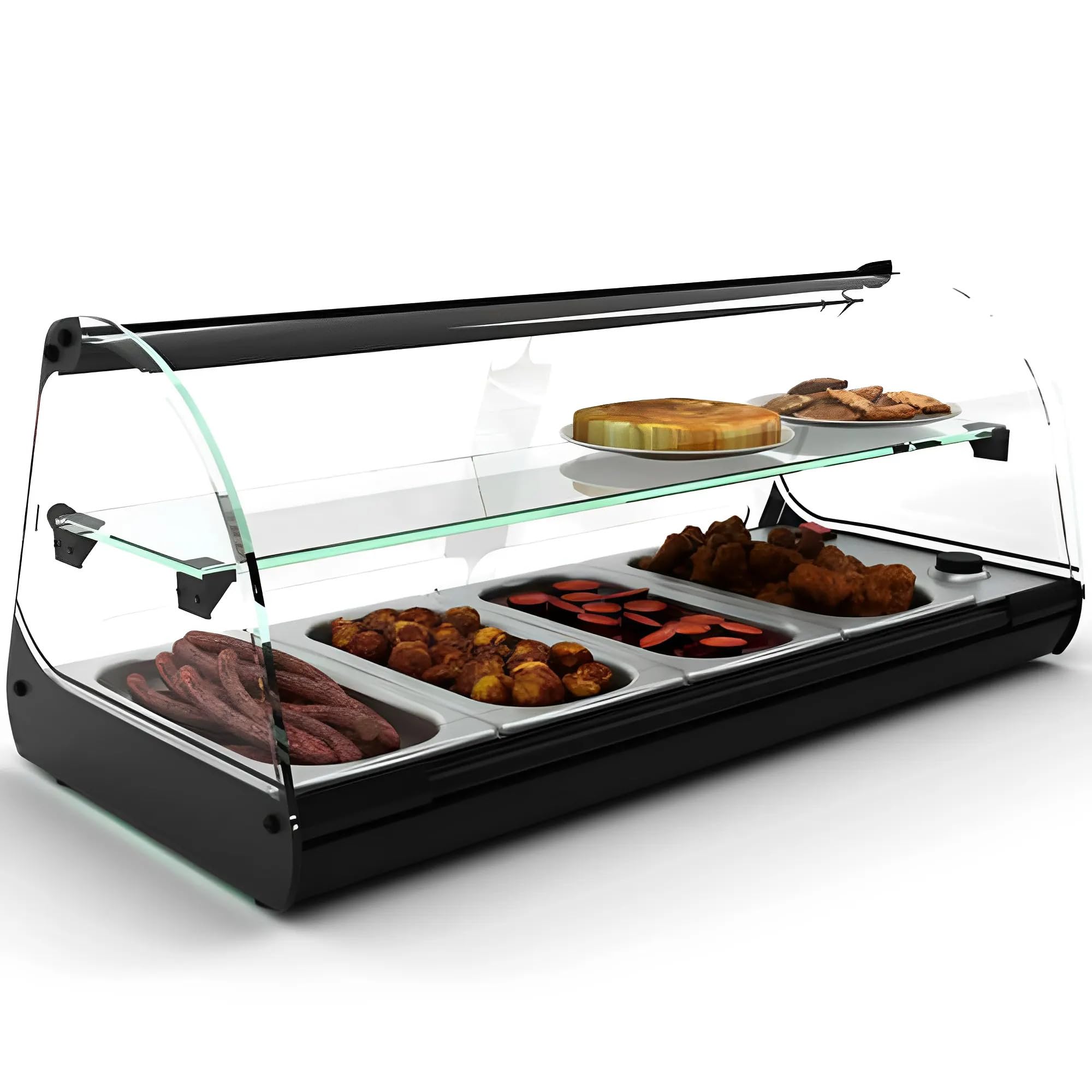 MBH - Vitrina calienta tapas 2 pisos 4 bandejas al baño maría para hostelería. Vitrina expositora de tapas calientes sobre mostrador con 1 estrante para bar y restaurante.