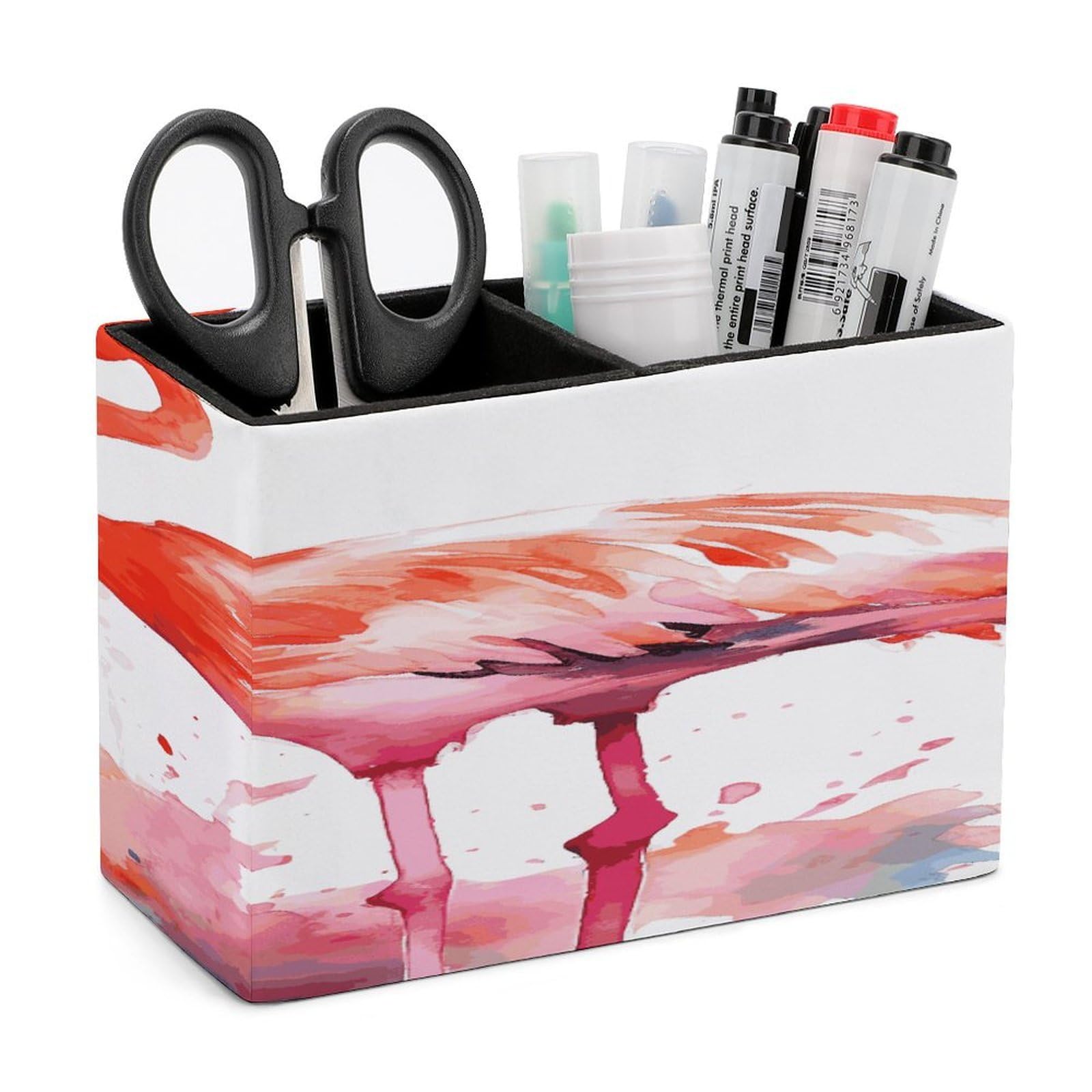 VstaDank Watercolor Flamingos Pencil Holder for Desk(Double Slots) Fashion Leather Pencil Cup Simple Rectangular Shape Pen Holder Multi-Functional Pen Cup for Home Office Supplies Storage