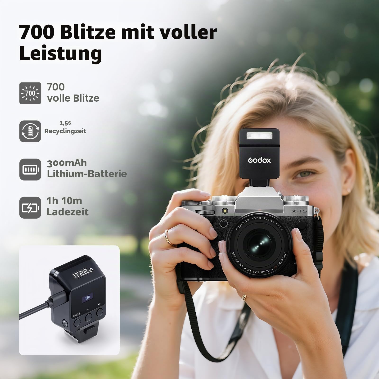 Godox iT22-F Mini TTL Kamerablitz für Fjifilm, Mini TTL Flash mit intuitivem Bildschirm, 1,5 s Recycle, 700 Vollstärke-Blitze mit USB-C-Ladung Eingebaute Batterie Tragbarer Taschenflash (schwarz)