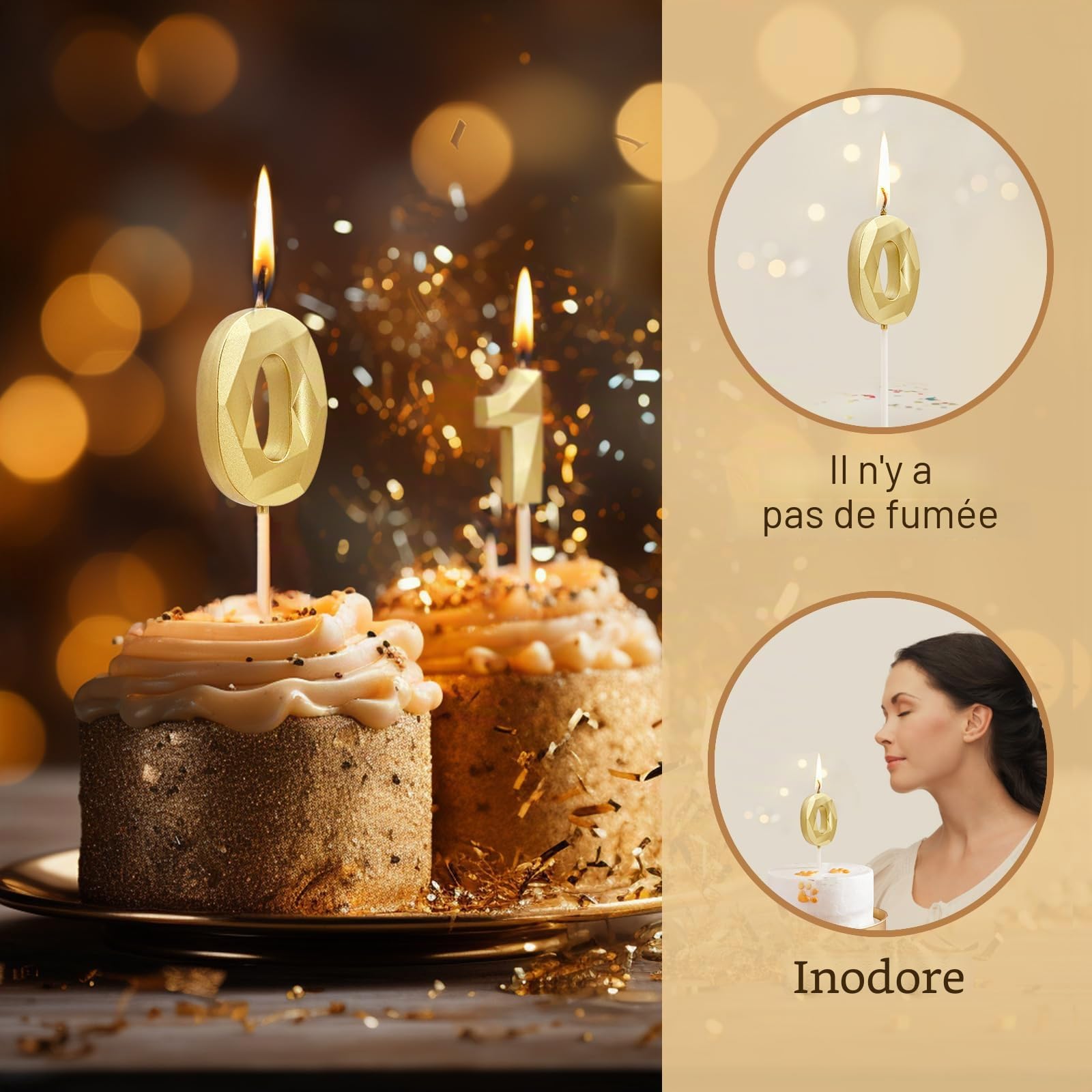 Bougies d'anniversaire Chiffres 3D Bougie Numéro 10 Dorées pour Gâteau