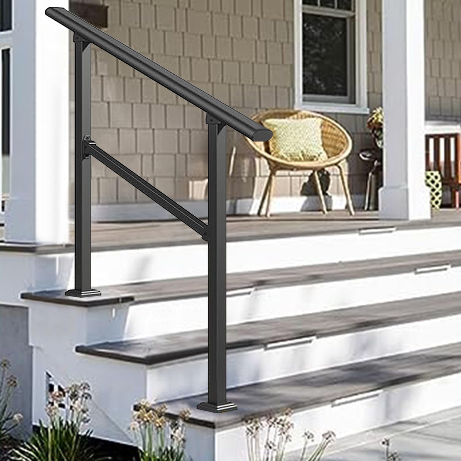 Jksyff A 3-Steps Handrails For Outdoor, Djustable Front Porch Galvanized Steel Hand Rail, Transitional Handrail With Double Post For Cement Concrete Steps - Complete Kit(,80Cm/32Inch)