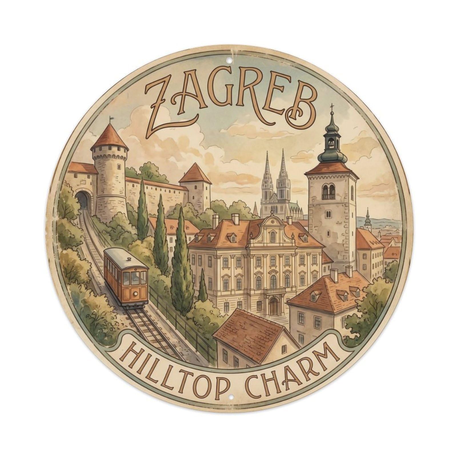 Vintage Travel Uppertown Zagreb Croatia Metal Tin Sign Plaque Wall Decor for Cafe, Club Bar, Office, Home Garden Round Metal Poster 8x8Inch