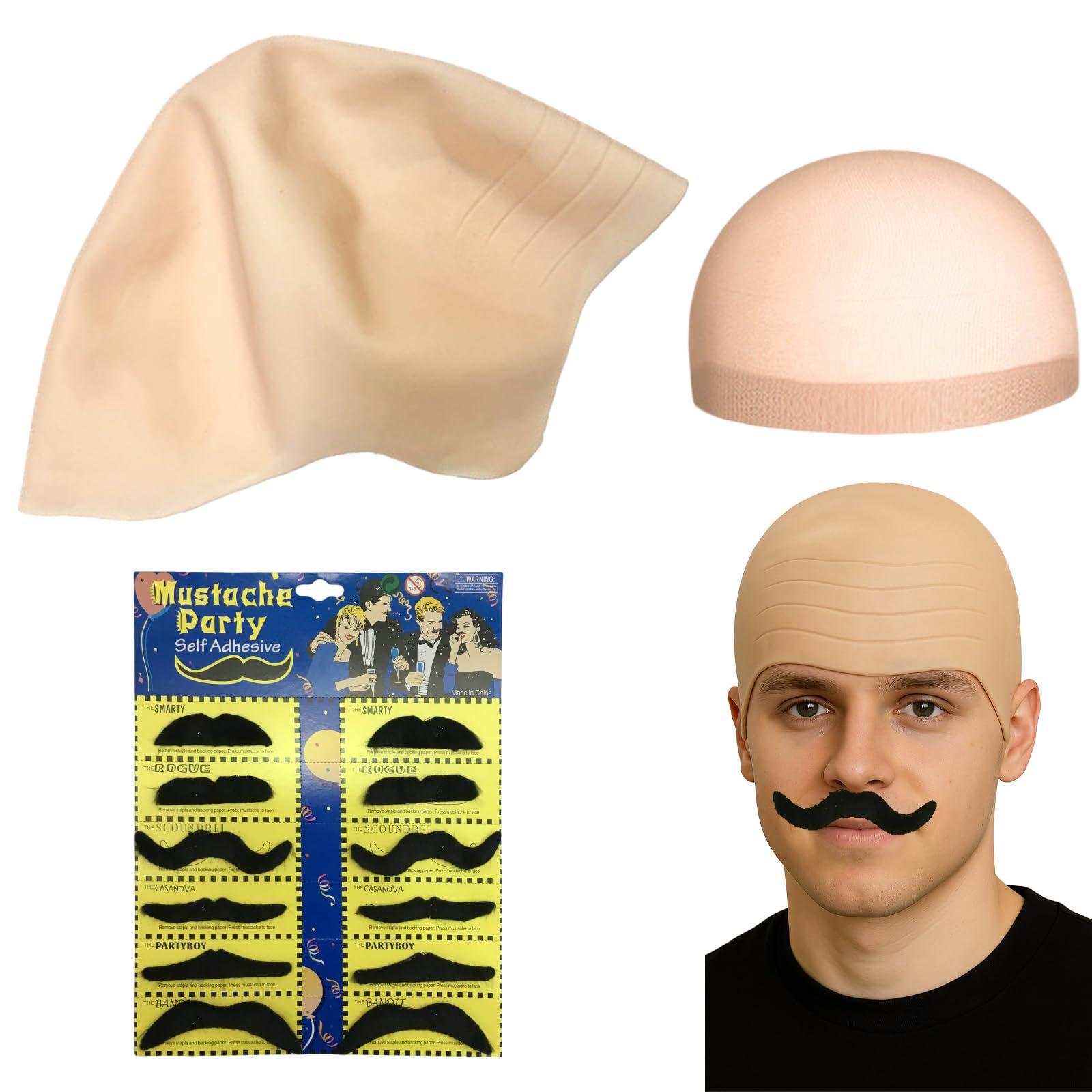 AYNKH Bald Cap with Fake Moustaches and Wig Cap for Adults, Thick Skin Hair Net Latex Skull Head Novelty Costume Accessory for Halloween Cosplay Fancy Dress
