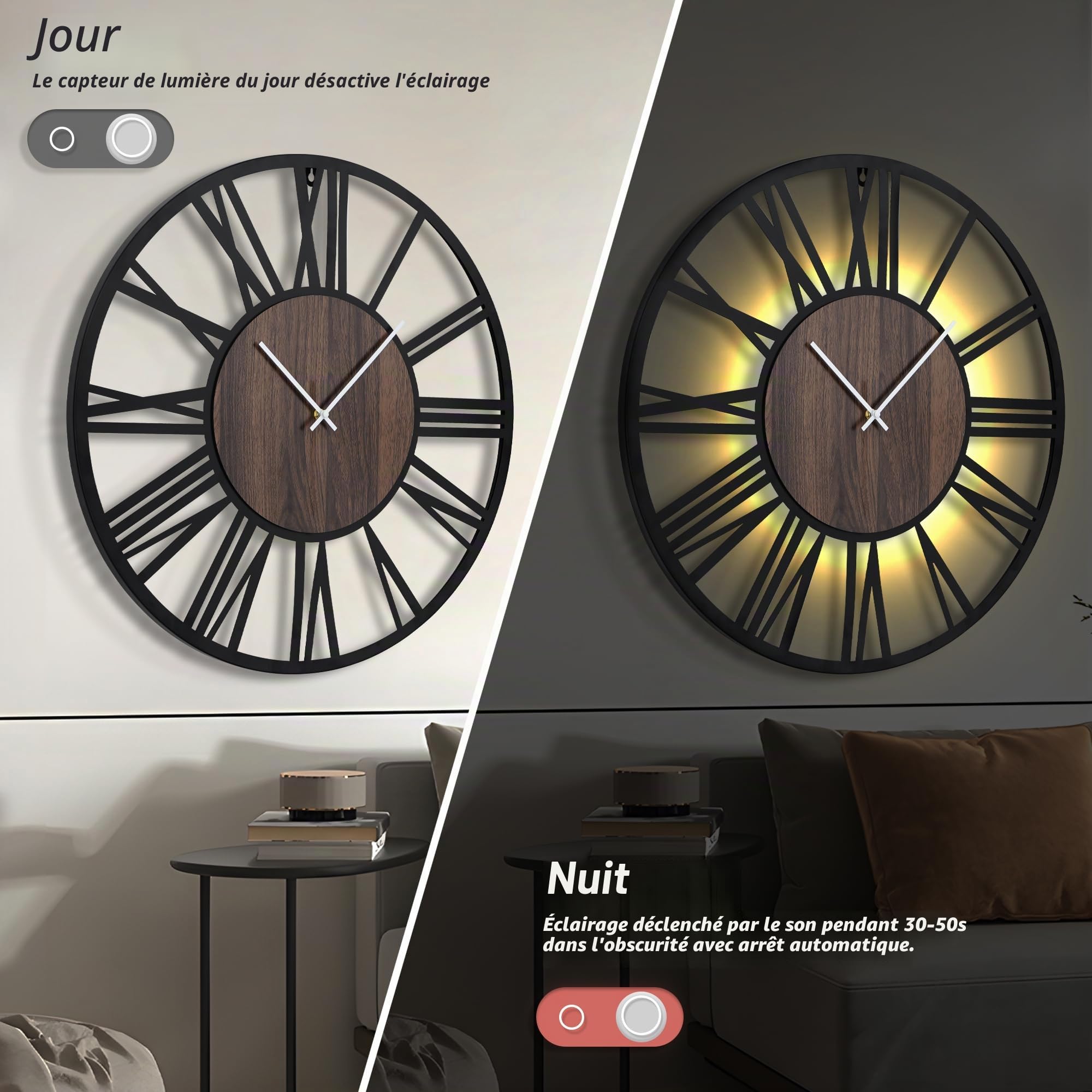 Maxstar Horloge Murale 80cm Silencieuse Style Bois Métal LED Moderne Chiffres Romains Noir