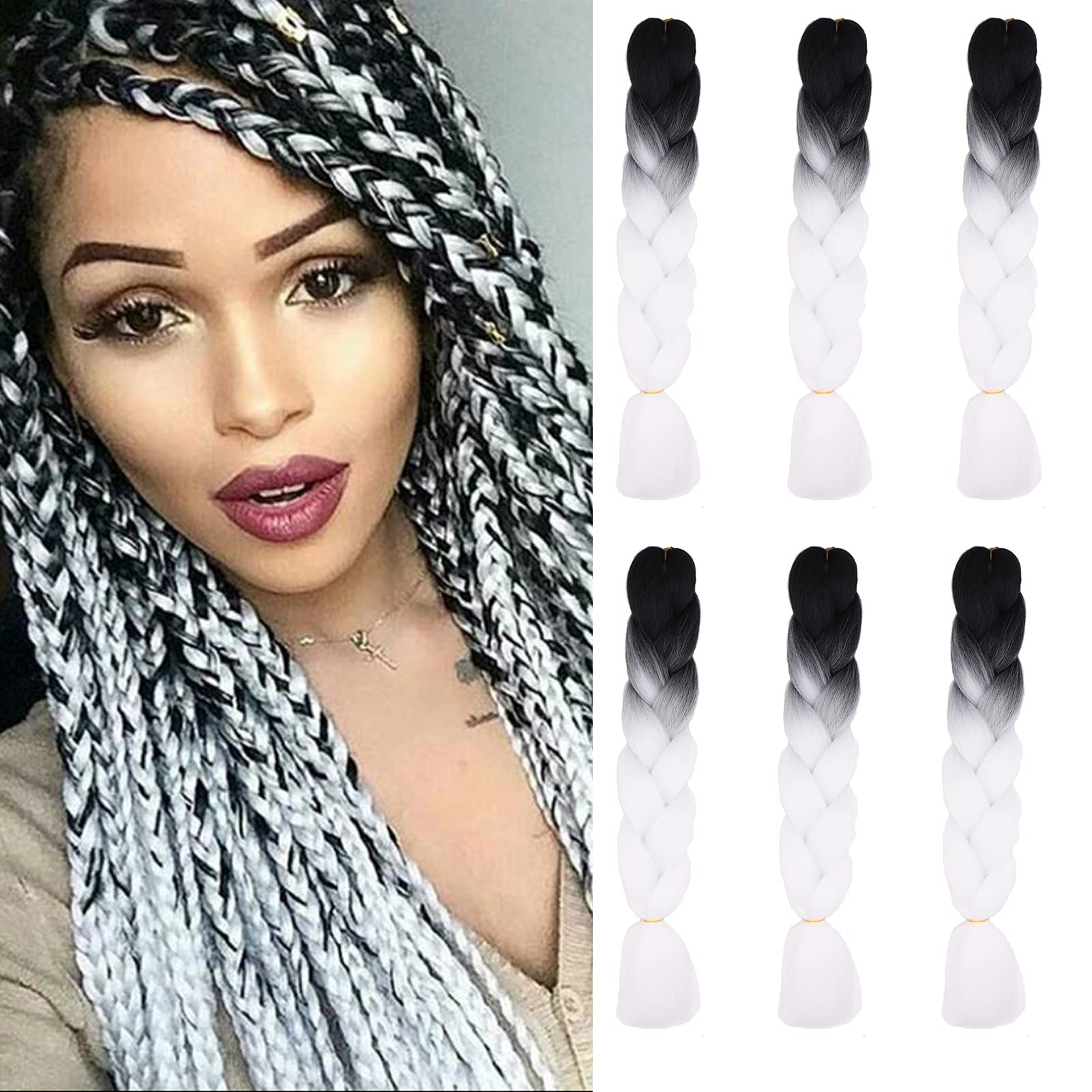 Cybelleza 6 piezas / 600 g Extensiones de cabello trenzado de 24" Jumbo Braids Sintético Kanekalon Crochet Hair Afro Box Trenza resistente al calor (Negro&Blanco)