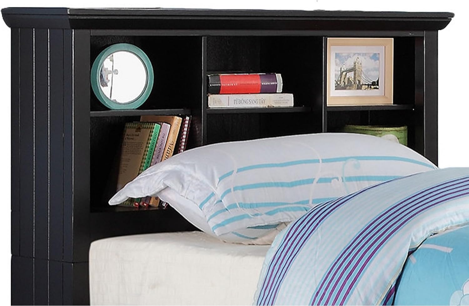 Benjara Toni Twin Size Trundle Bed with 6 Drawers, Bookcase Headboard, Black Wood