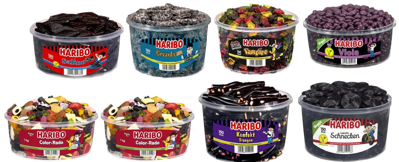 8 Dosen Haribo Lakritz Mix aus 7 Sorten 1x Salino, 1x Salzbezeln, 1x Vampire, 1x Viola, 1x Lakritz Schnecken, 1x Konfekt Stangen 2x Color-Rado