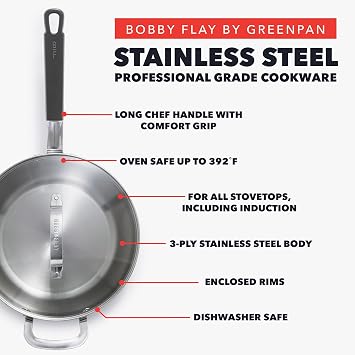 GreenPan x Bobby Flay Stainless Steel 3.75QT Saucepan & Glass Lid, Professional Grade Tri-Ply Chefs Pan, Multiclad, Induction Suitable, Dishwasher & Oven Safe, Stay Cool Silicone Handle,Chip Free Rims