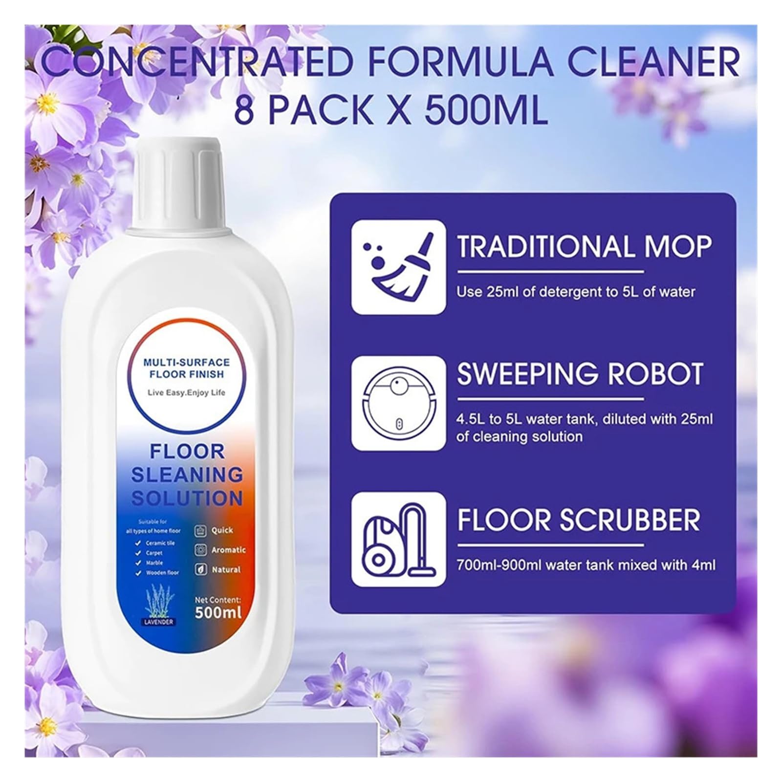 Bodenreiniger mit Lavendelduft, 500 ml, kompatibel mit Tineco | FLOOR ONE S3/ S5/Pro2/Combo/S7Pro All Series Reinigungslösung Roboterstaubsauger(2PCS)