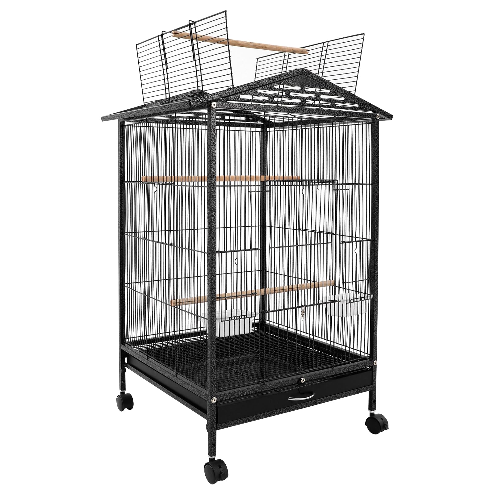 jaula grande independiente para pájaros, aviario con 4 ruedas, jaula para pájaros con bandeja para suciedad, barras de percha, jaulas de hierro para pájaros, jaula para periquitos, negro