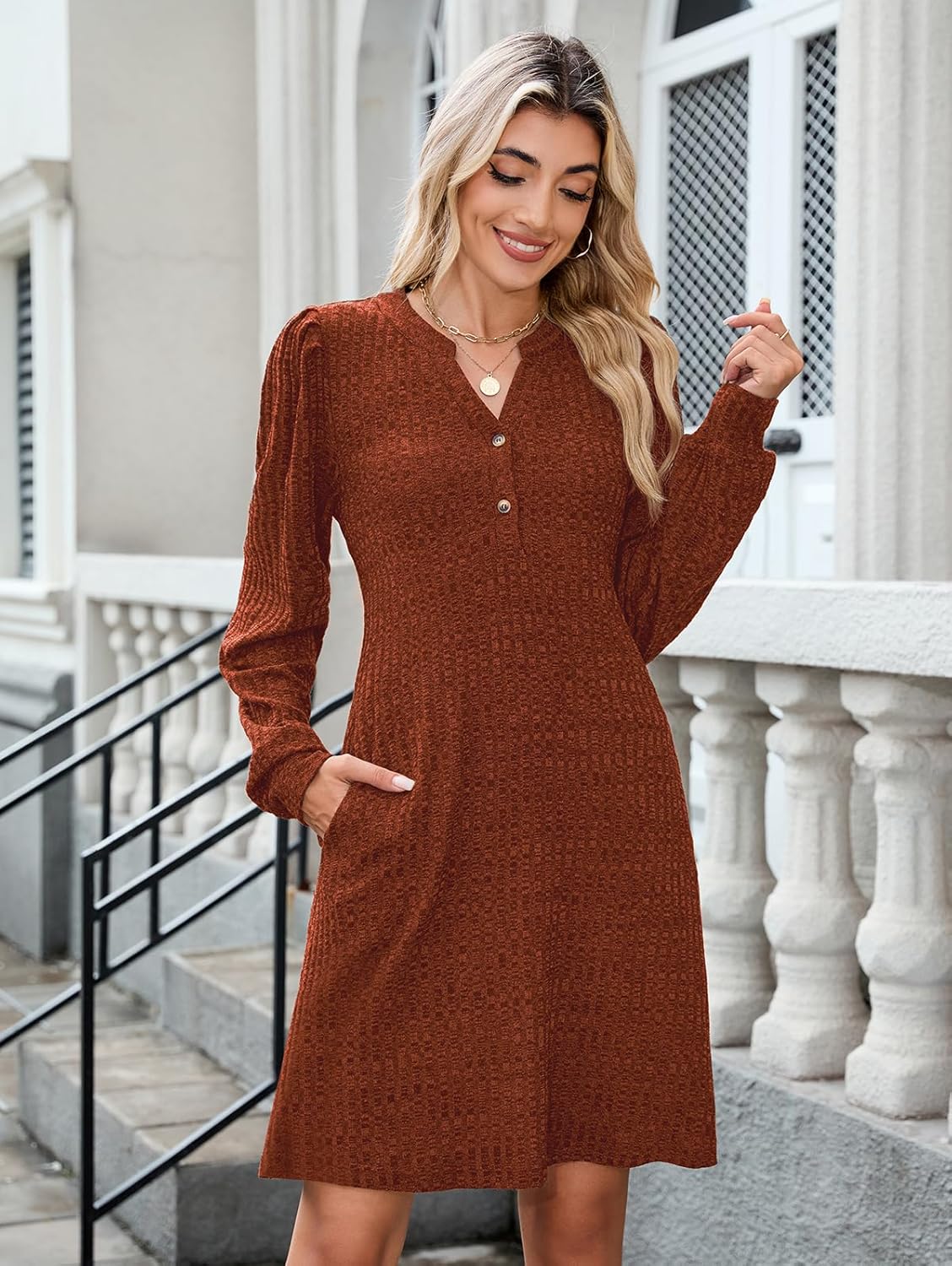 ZAFUL Womens Long Sleeve Fall Dresses with Pockets V Neck Button Casual Bodydoll Knit Sweater Dress 2025 - Image 2