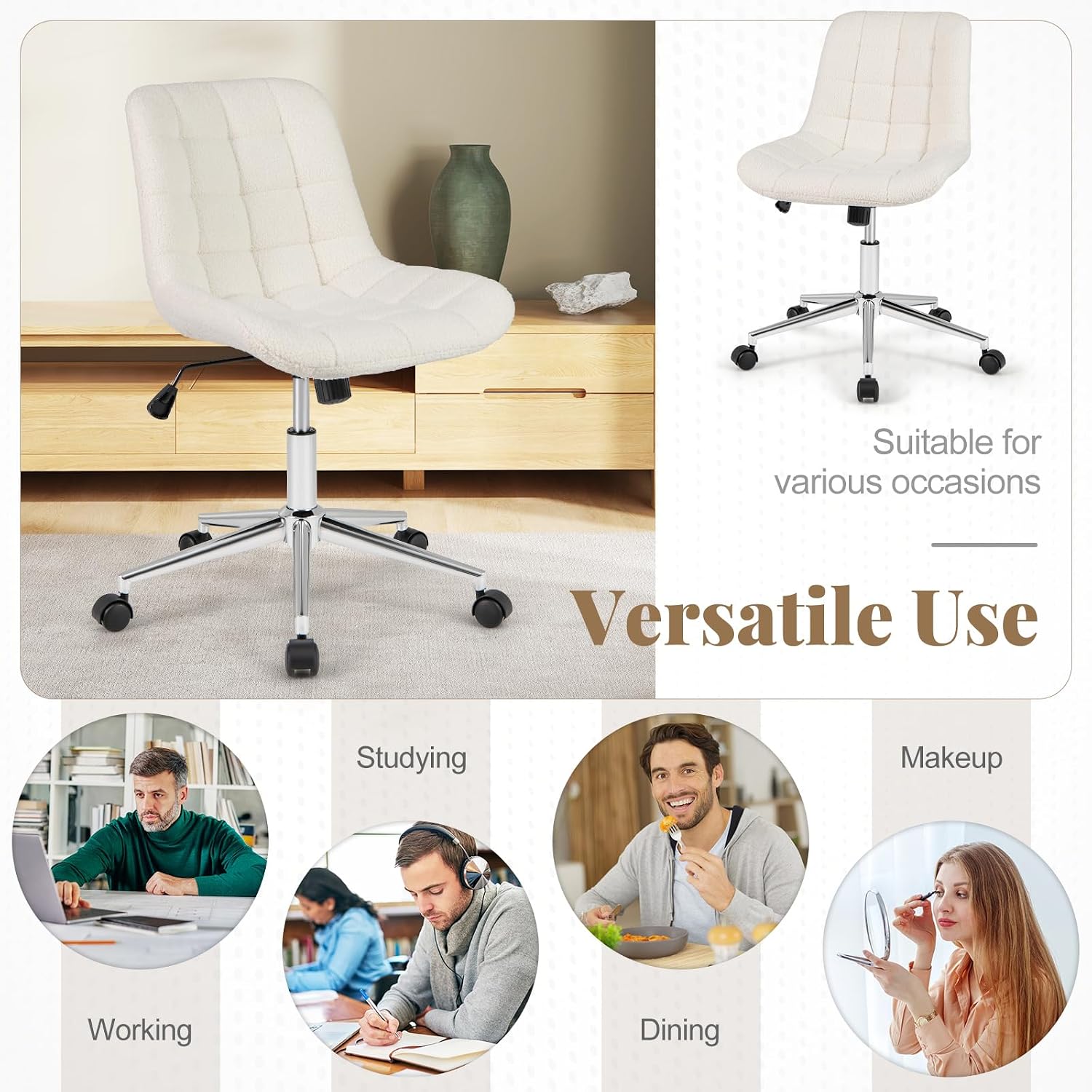 Giantex Armless Office Chair, Modern Faux Fur White Vanity Chair with Wheels & Adjustable Height, 360° Rolling Swivel Task Computer Seat, Home Office Desk Chair for Makeup Bedroom Small Space