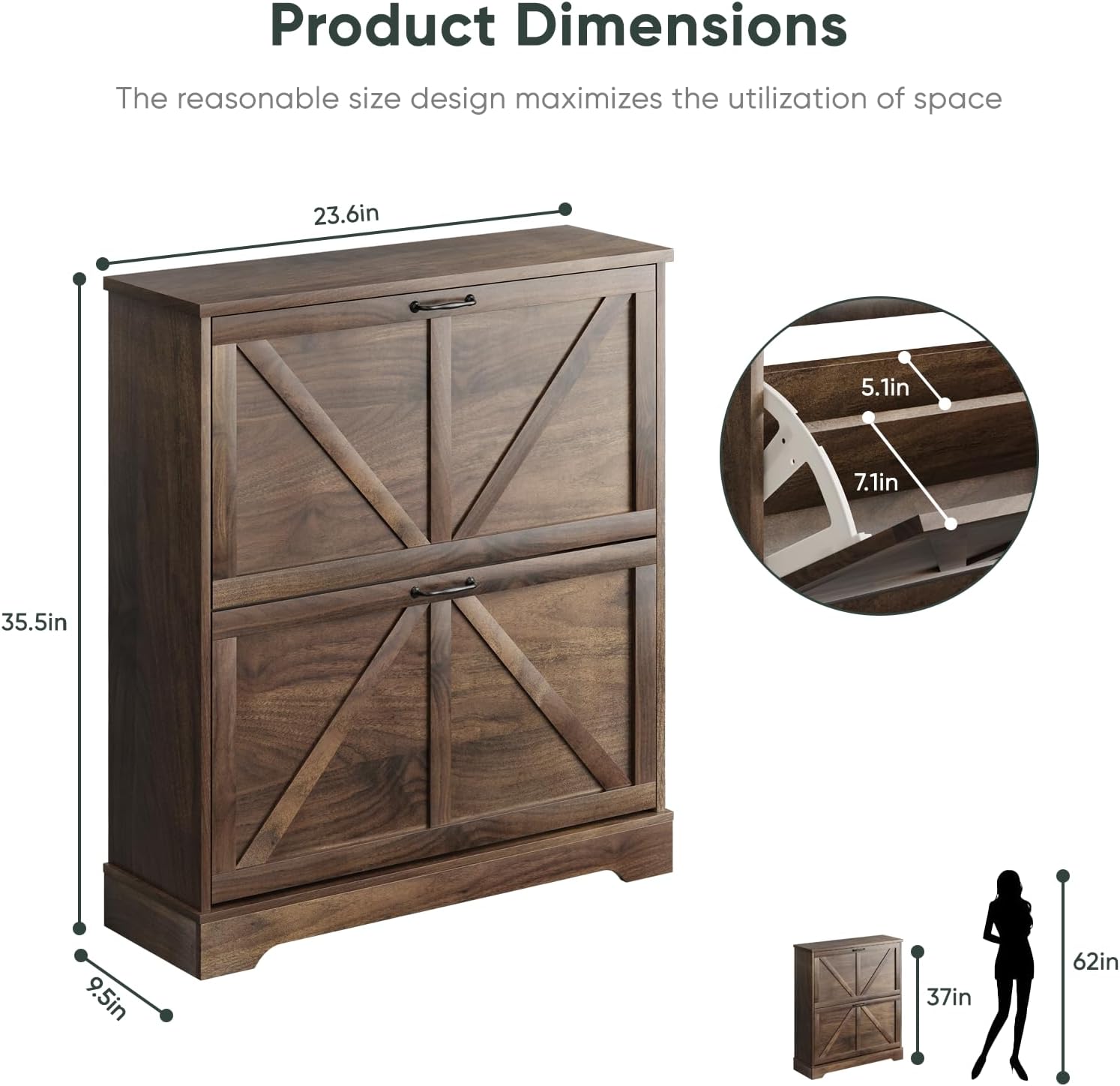 Shoe Cabinet, Shoe Storage Cabinet for Entryway with 2 Flip Drawers, Narrow Farmhouse Shoe Organizer Cabinet, Slim Shoe Rack Cabinet, 31.5in Walnut Walnut Width - 31.5 inches