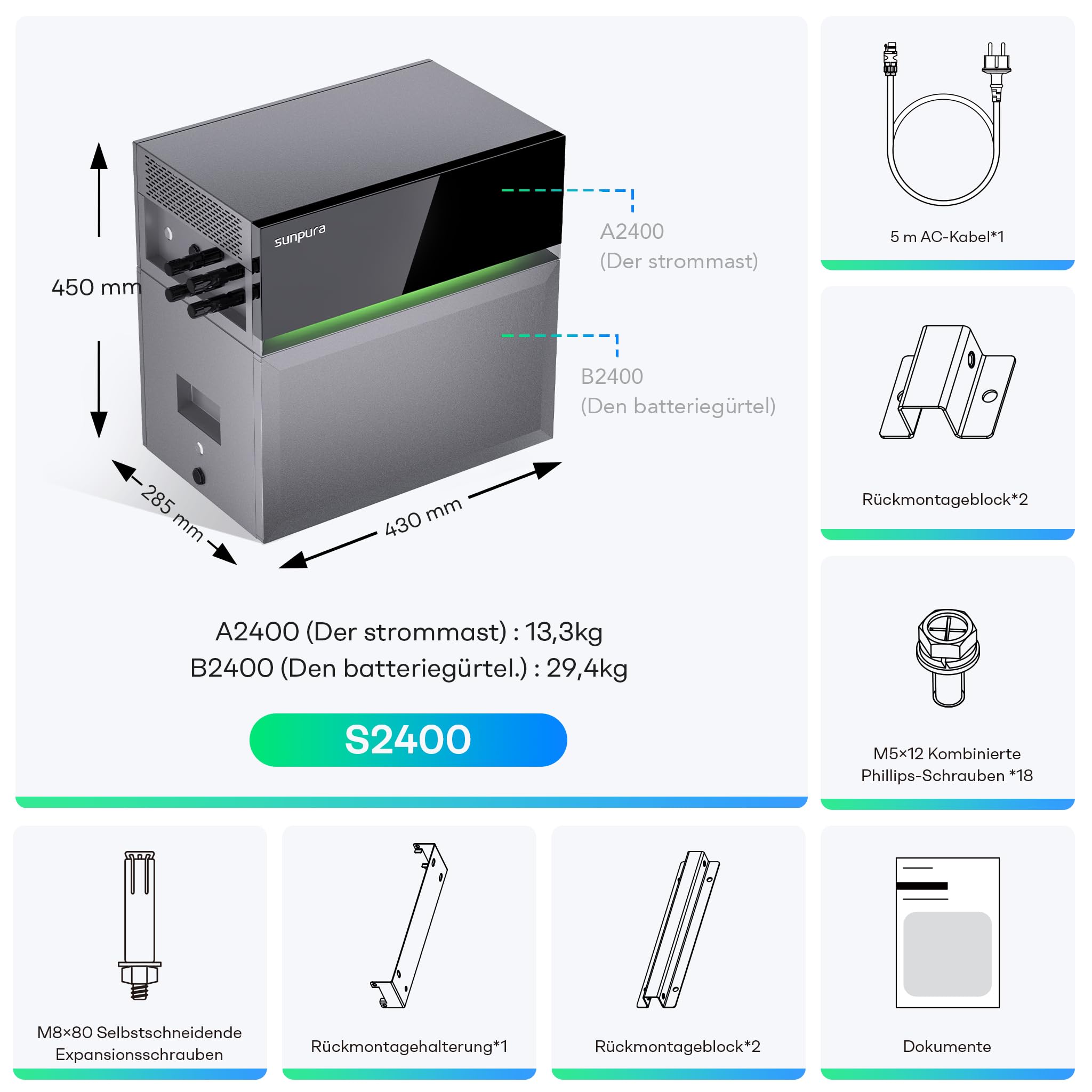 Sunpura S2400 Plug & Play Energiespeicher 2,4 KWh – Erweiterbar Auf 9,6 KWh, Für Balkon-PV, Mietwohnungen, LiFePO₄, 8000 Zyklen, IP65, VDE & EN50549 Zertifiziert, Inkl. Smart-Home-APP